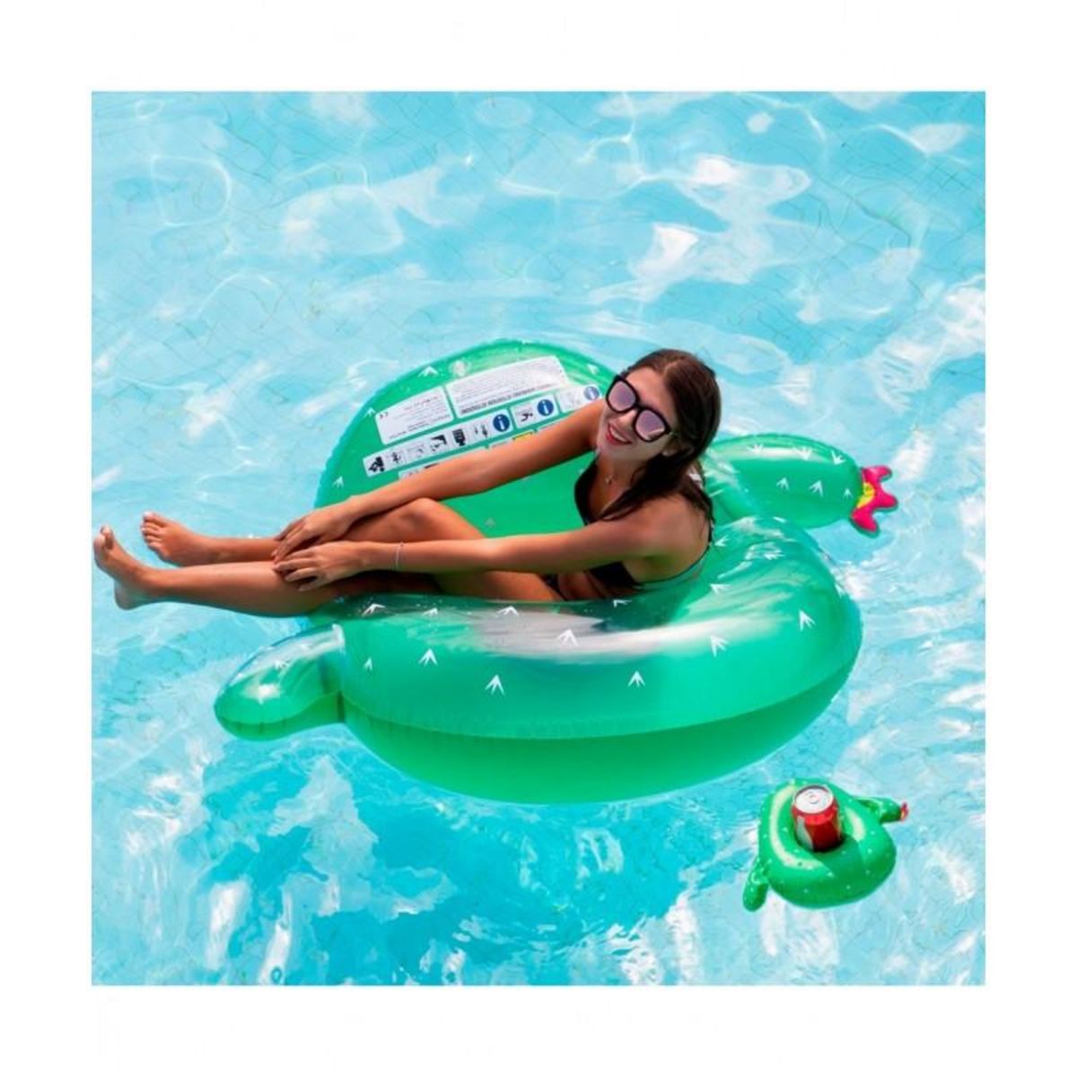 AIRMYFUN Bouée Gonflable XXL et Porte Boisson Gonflable pour Piscine & Plage - Pack Evasion Cactus
