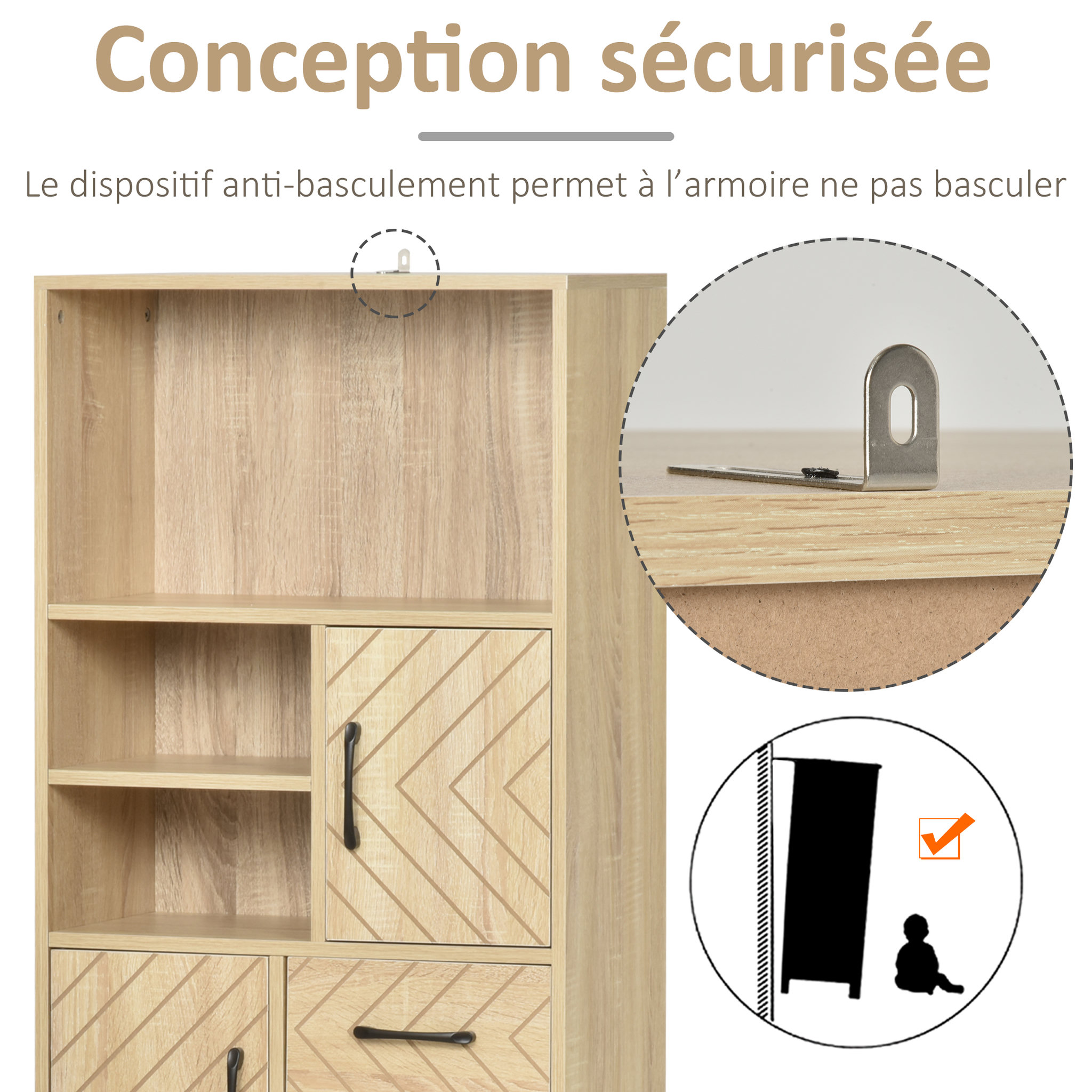 Voir la diapositive 5 : HOMCOM Biblliothèque 2 étagères 3 niches 2 placards + tiroir panneaux particules MDF chêne clair motif graphique métal noir