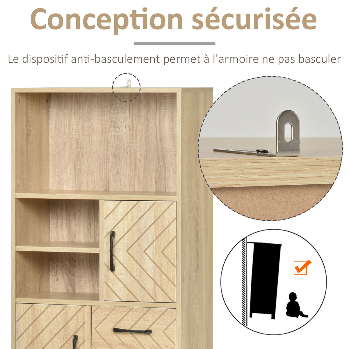HOMCOM Biblliothèque 2 étagères 3 niches 2 placards + tiroir panneaux particules MDF chêne clair motif graphique métal noir