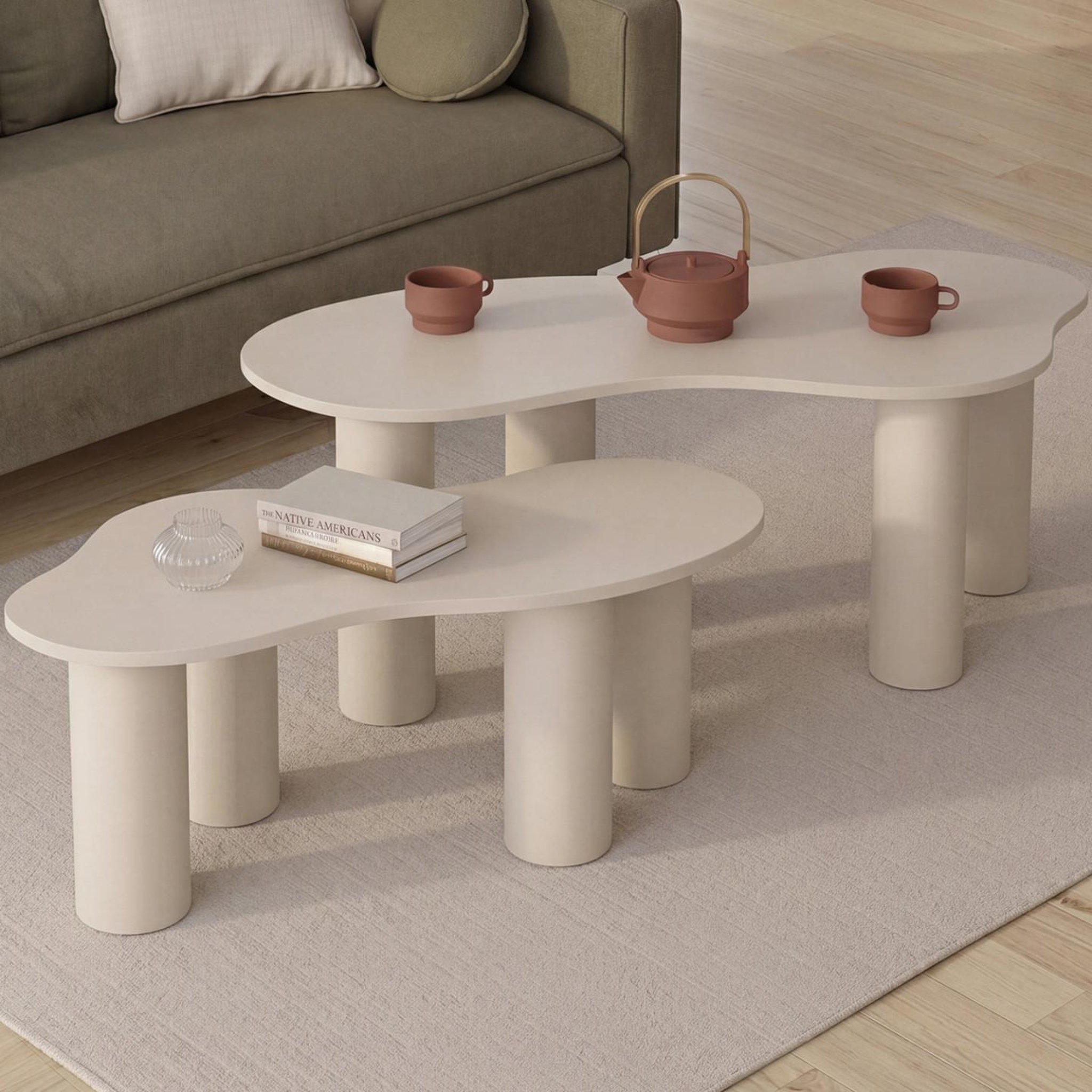 Voir la diapositive 2 : ID MARKET Lot de 2 tables basses gigognes organique 80/110 cm bois beige