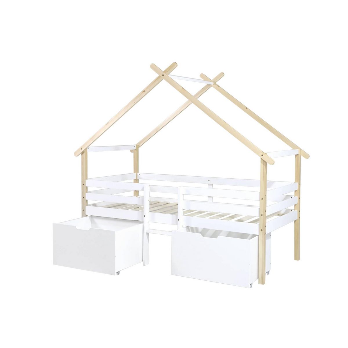 SWEEEK Lit enfant 90 x 190 cm bois de pin blanc sommier à lattes inclus et 2 tiroirs - Sienna