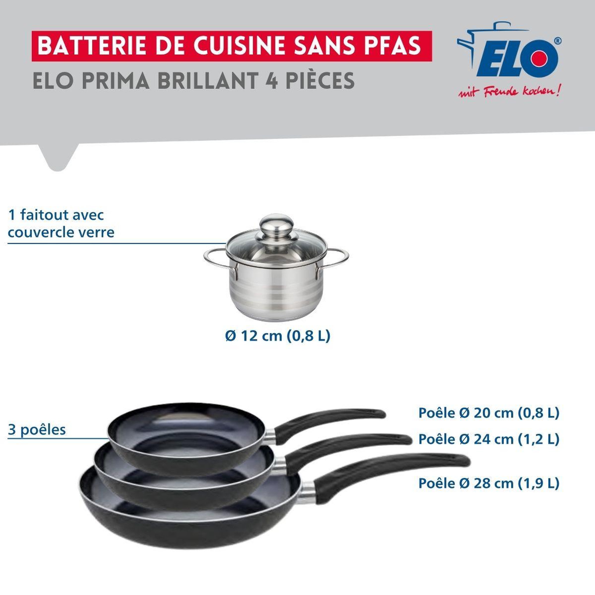 Voir la diapositive 2 : ELO Ensemble de 3 poêles de cuisson 20, 24 et 28 cm et 1 faitout 12 cm elo prima brillant