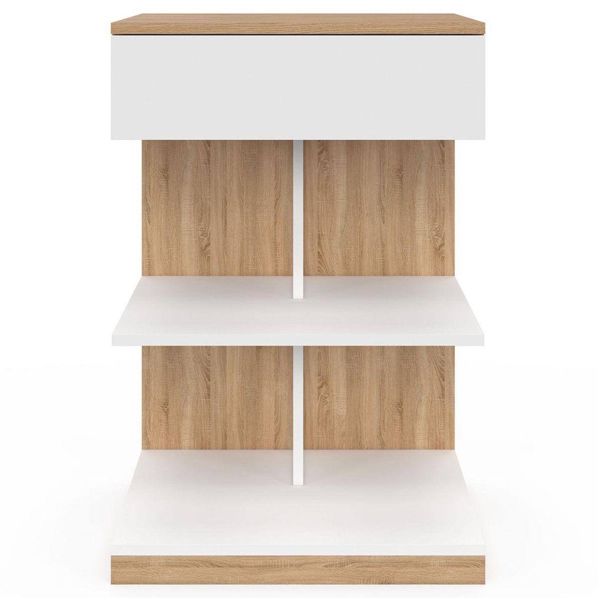 ID MARKET Lot de 2 tables de chevet TOMI 1 tiroir et 2 étagères façon hêtre et blanc