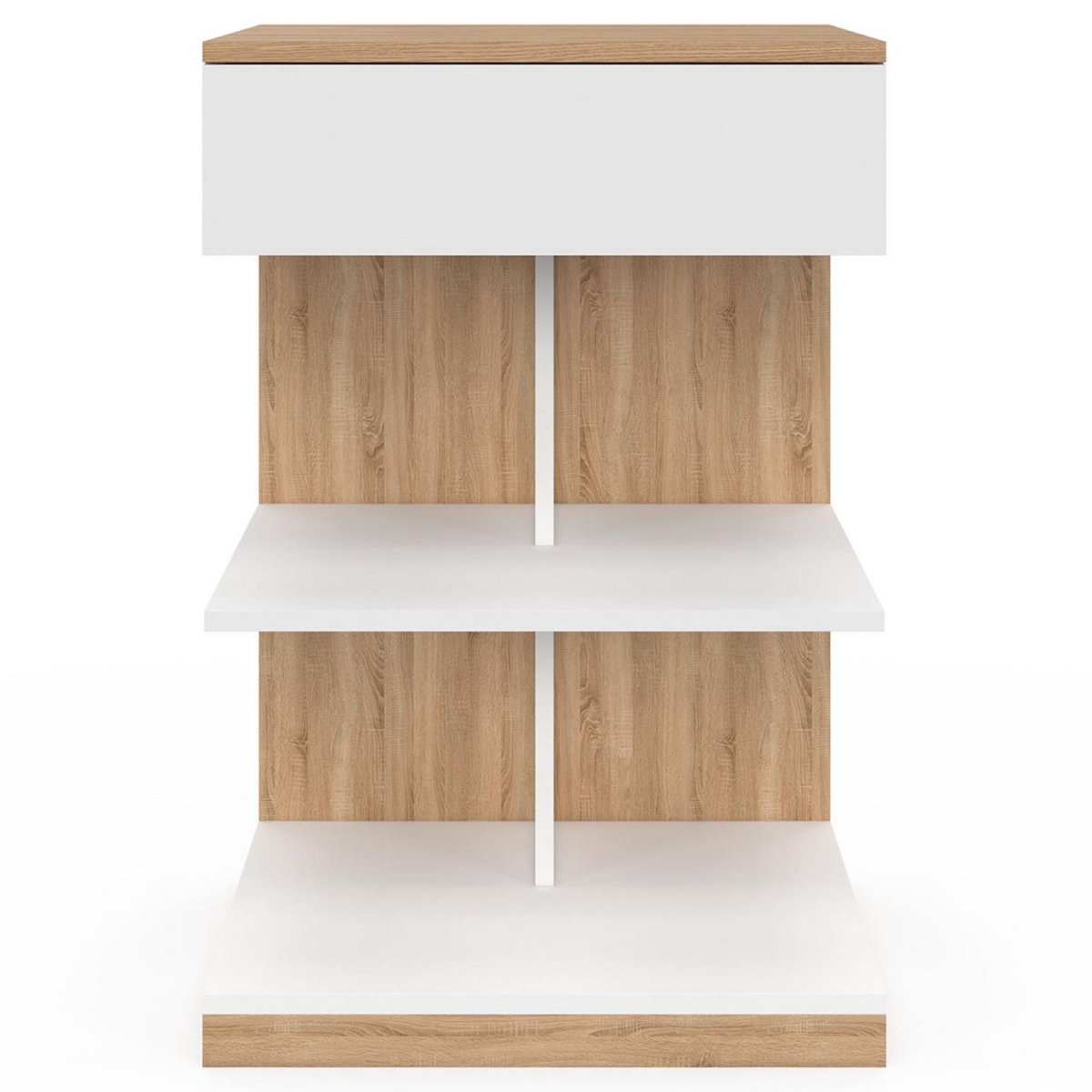 ID MARKET Lot de 2 tables de chevet TOMI 1 tiroir et 2 étagères façon hêtre et blanc