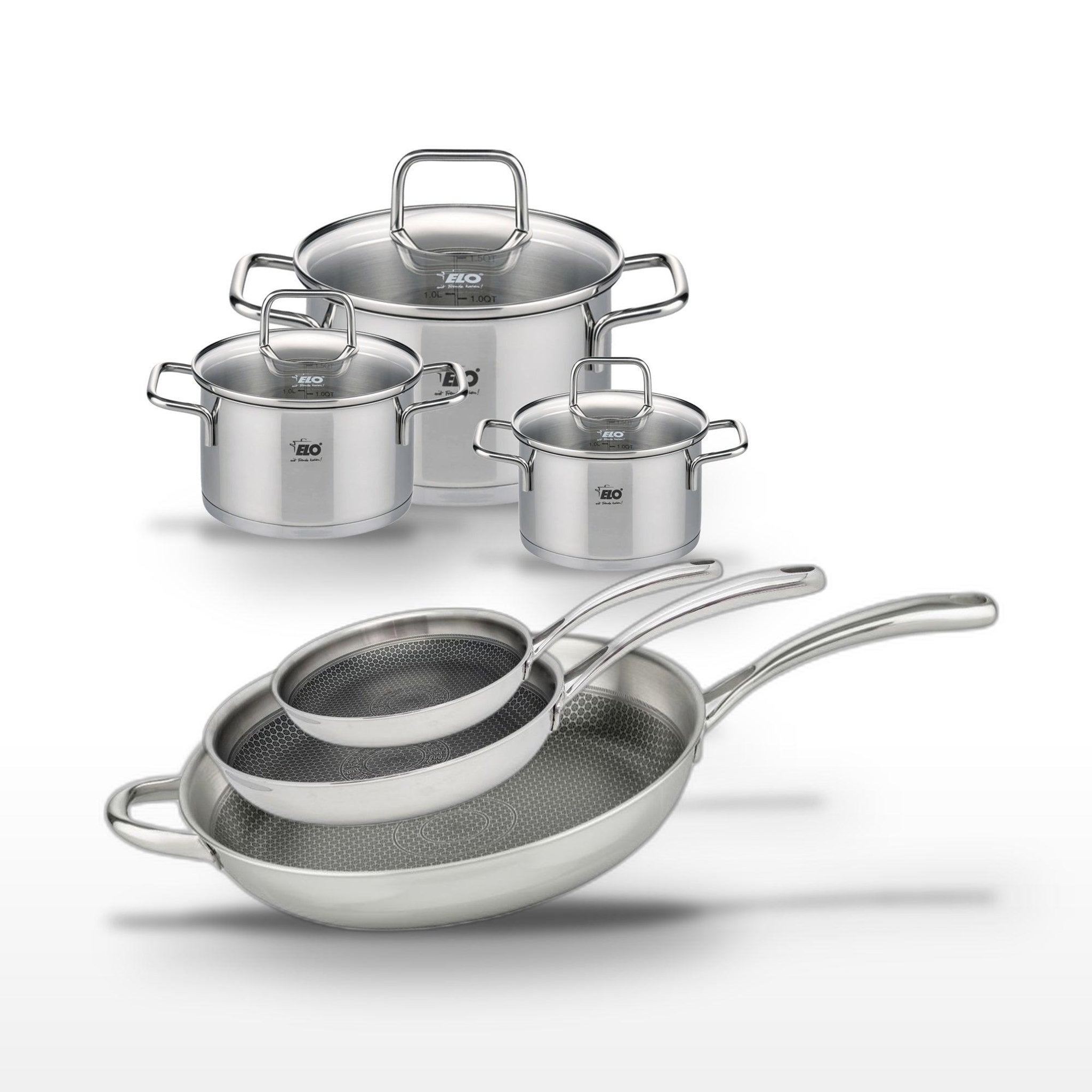 ELO Lot de 3 poêles 24/28/32 cm et 3 faitouts 12/14/20 cm elo relief evolution
