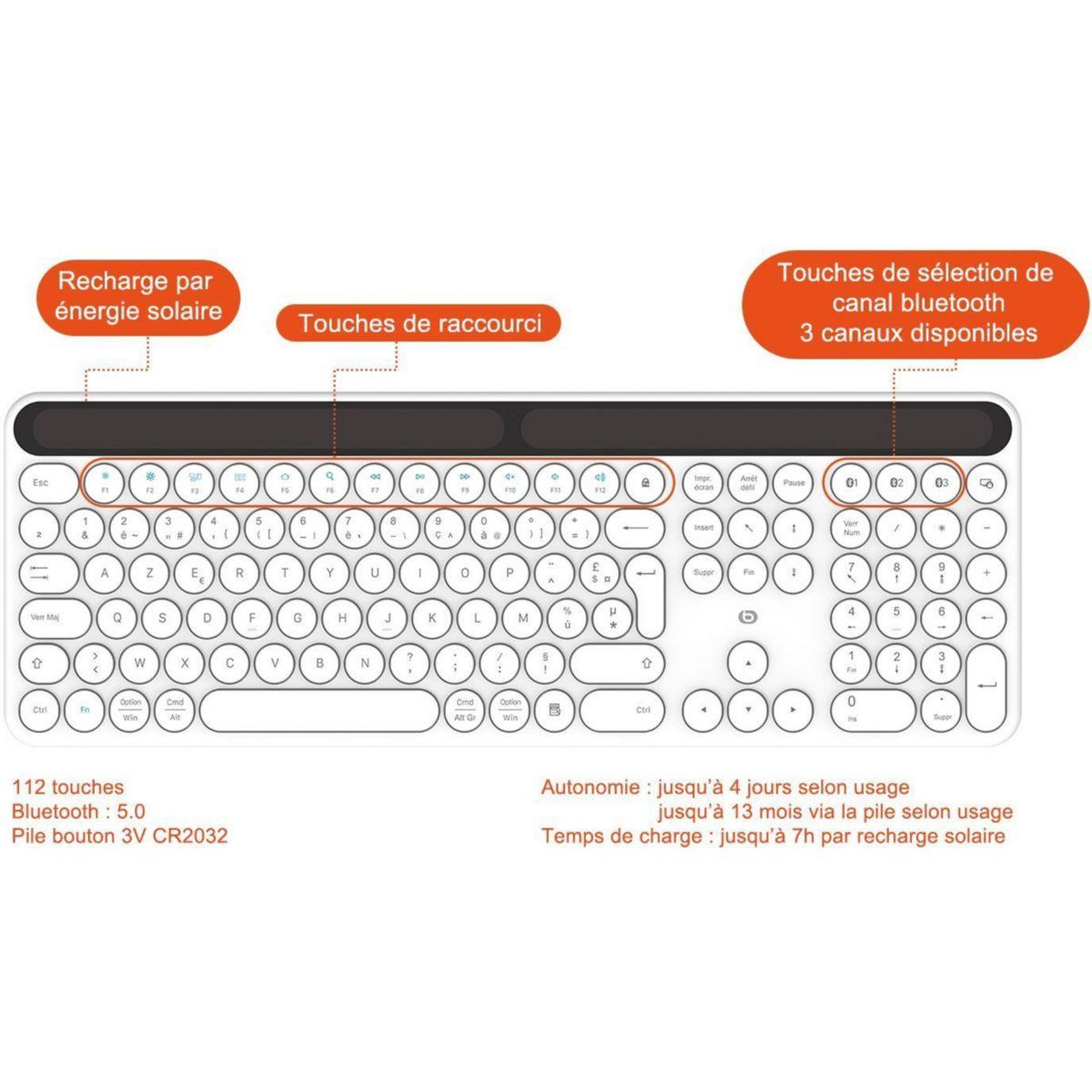 Voir la diapositive 2 : ESSENTIEL B Clavier sans fil solaire skw blanc