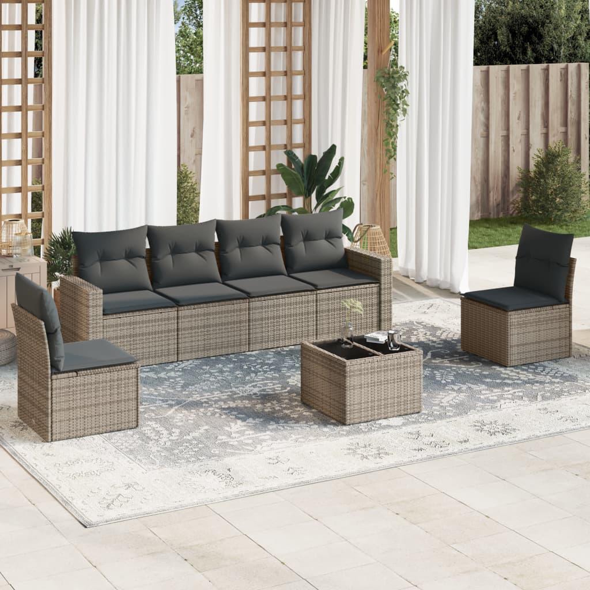 VIDAXL Salon de jardin avec coussins 7 pcs gris resine tressee