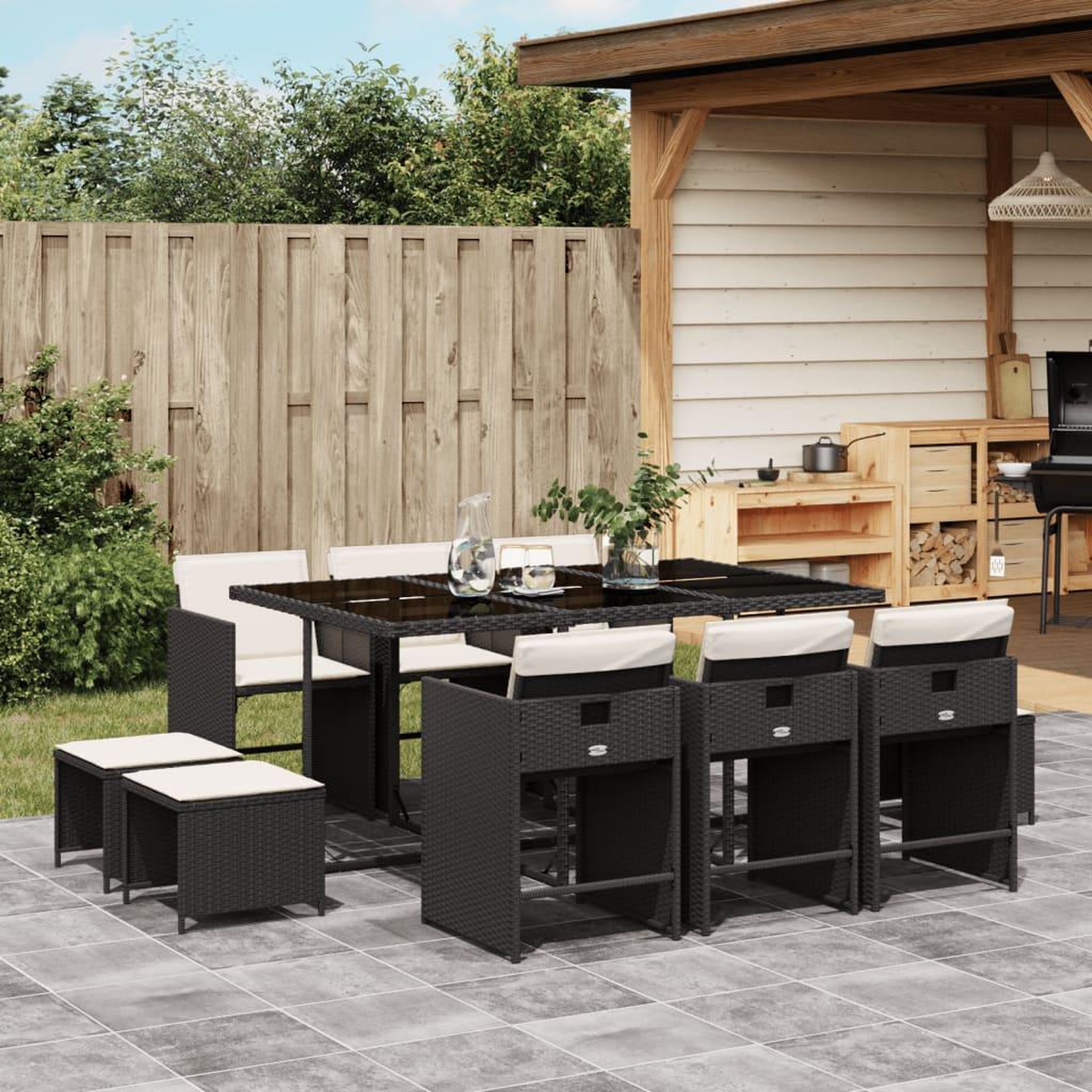 VIDAXL Ensemble a manger de jardin 11 pcs coussins noir resine tressee
