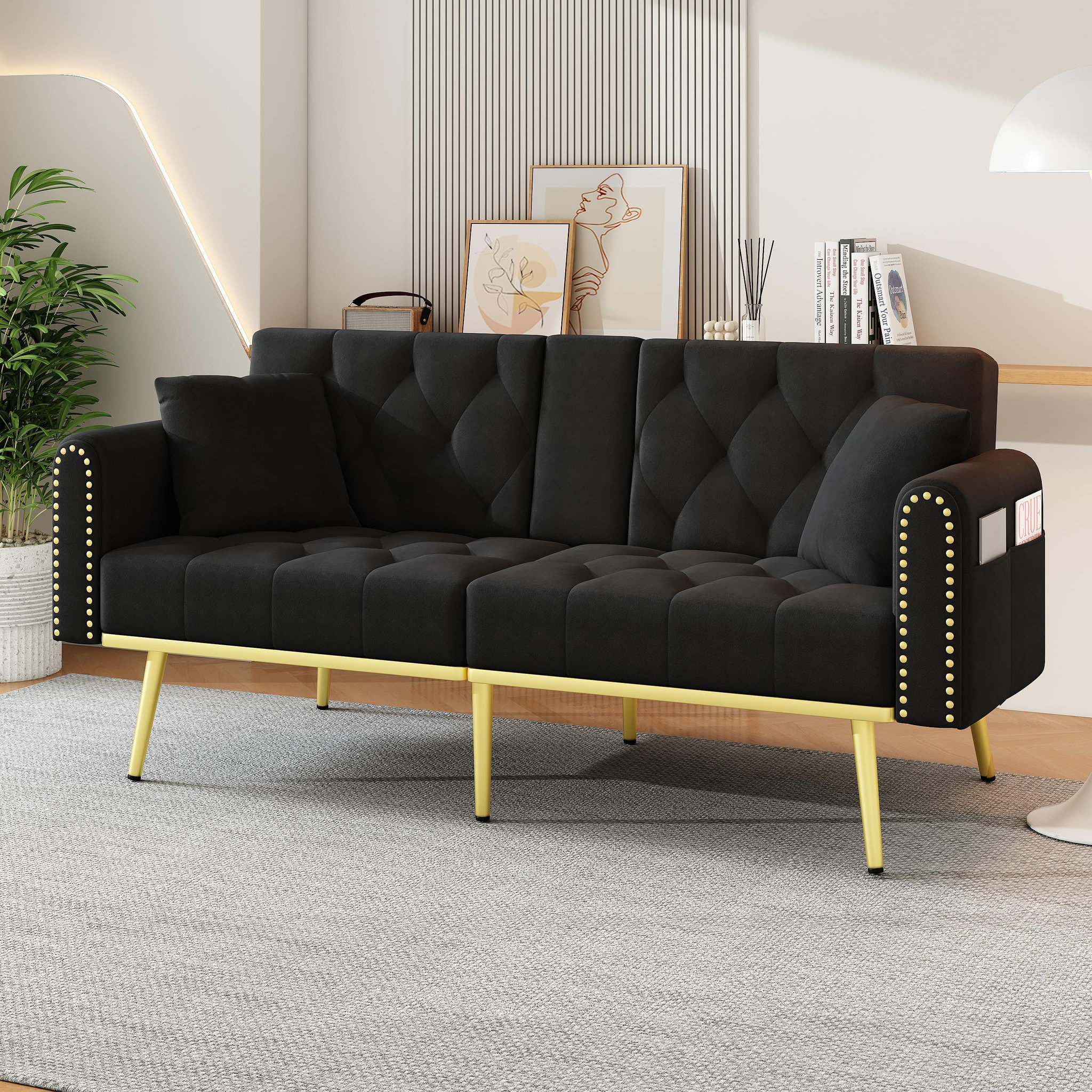 Voir la diapositive 4 : MERAX Canapé droit convertible 2 places velours