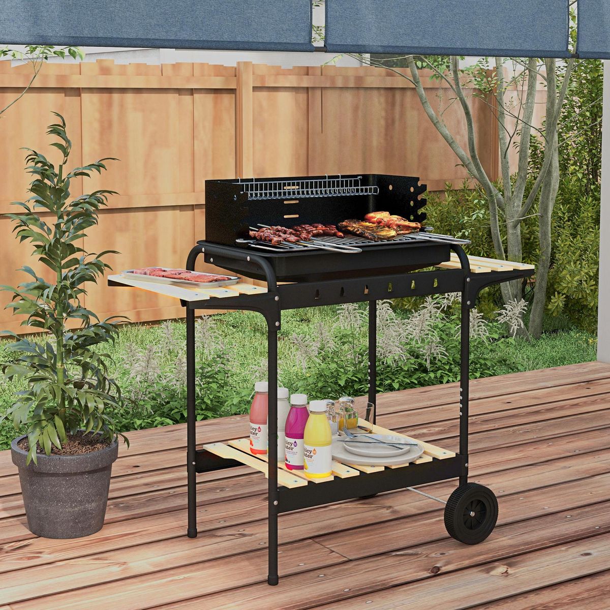 OUTSUNNY Barbecue à charbon sur pied grille réglable 2 roues 3 étagères récupérateur de cendres noir