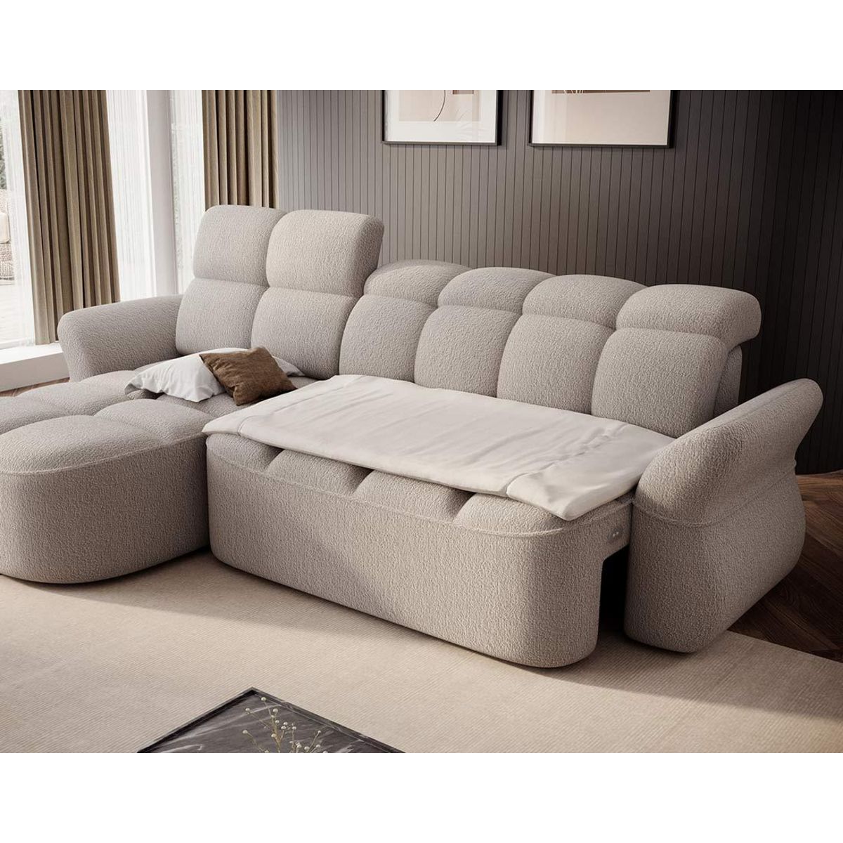 BEST MOBILIER Brume - canapé d'angle gauche 4 places convertible électrique avec coffre et têtières réglables en tissu bouclette