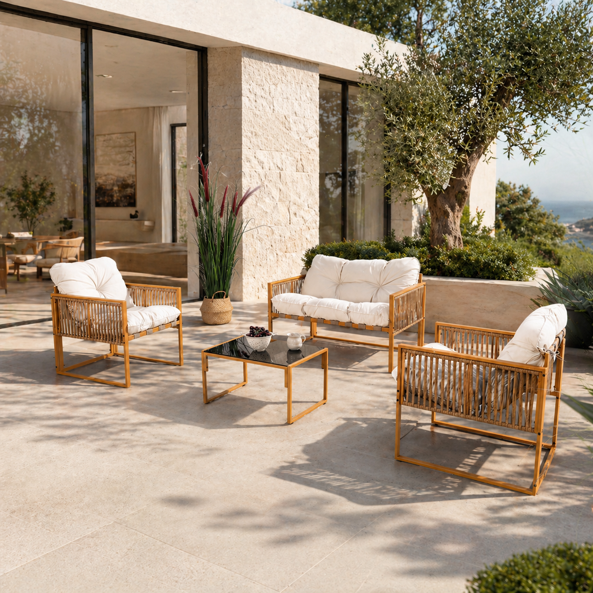 Voir la diapositive 2 : CONCEPT USINE Salon de jardin 4 places effet rotin coussins blancs turini