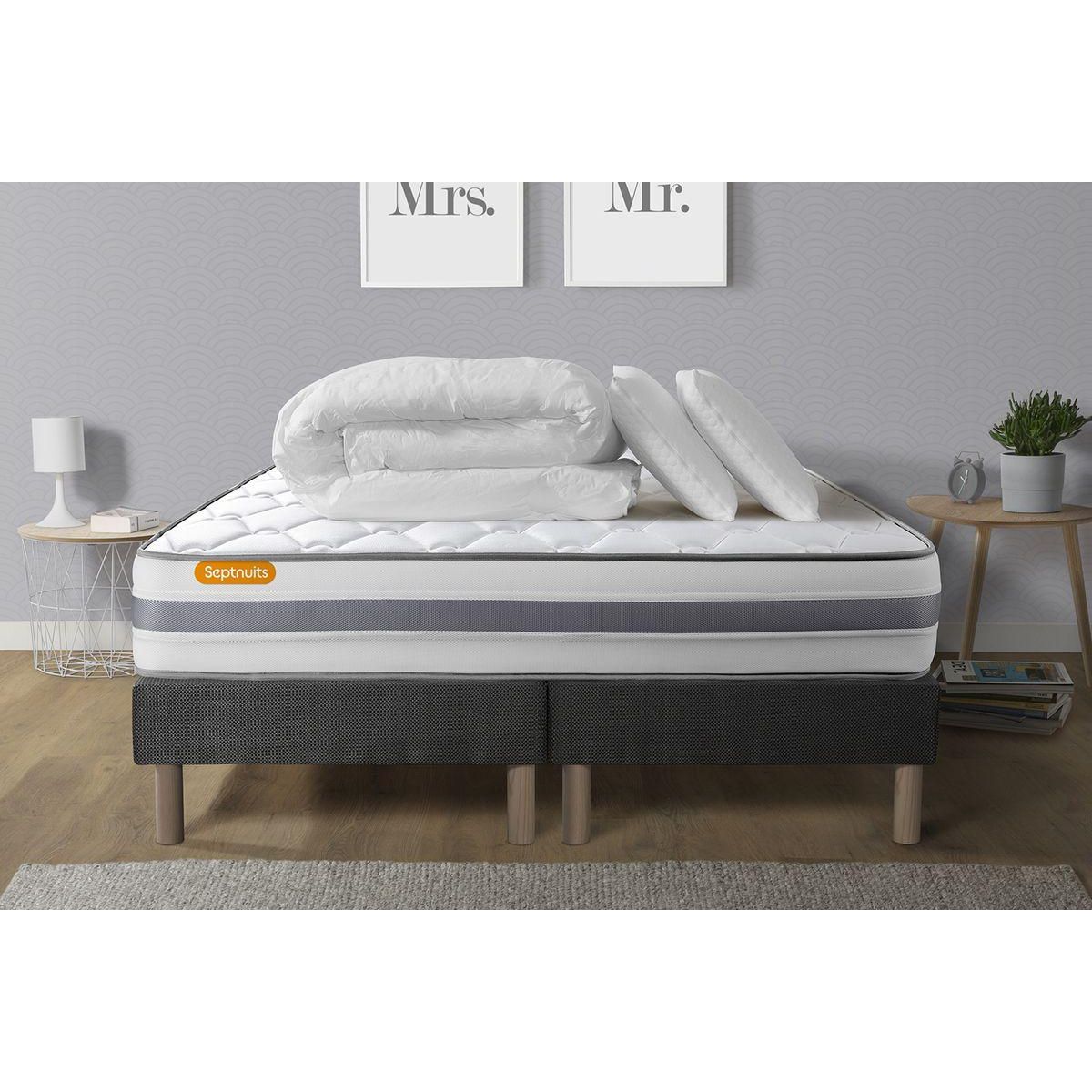 SEPTNUITS Pack matelas + double sommiers gris Memo Spring Ressorts ensachés 3 zones MAXI épaisseur + Couette + 2 oreillers