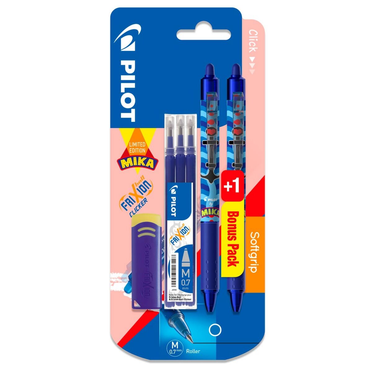 PILOT  Lot de 2 stylos rollers Frixion ball clicker encre bleue + 3 recharges bleues + 1 gomme Edition Mika