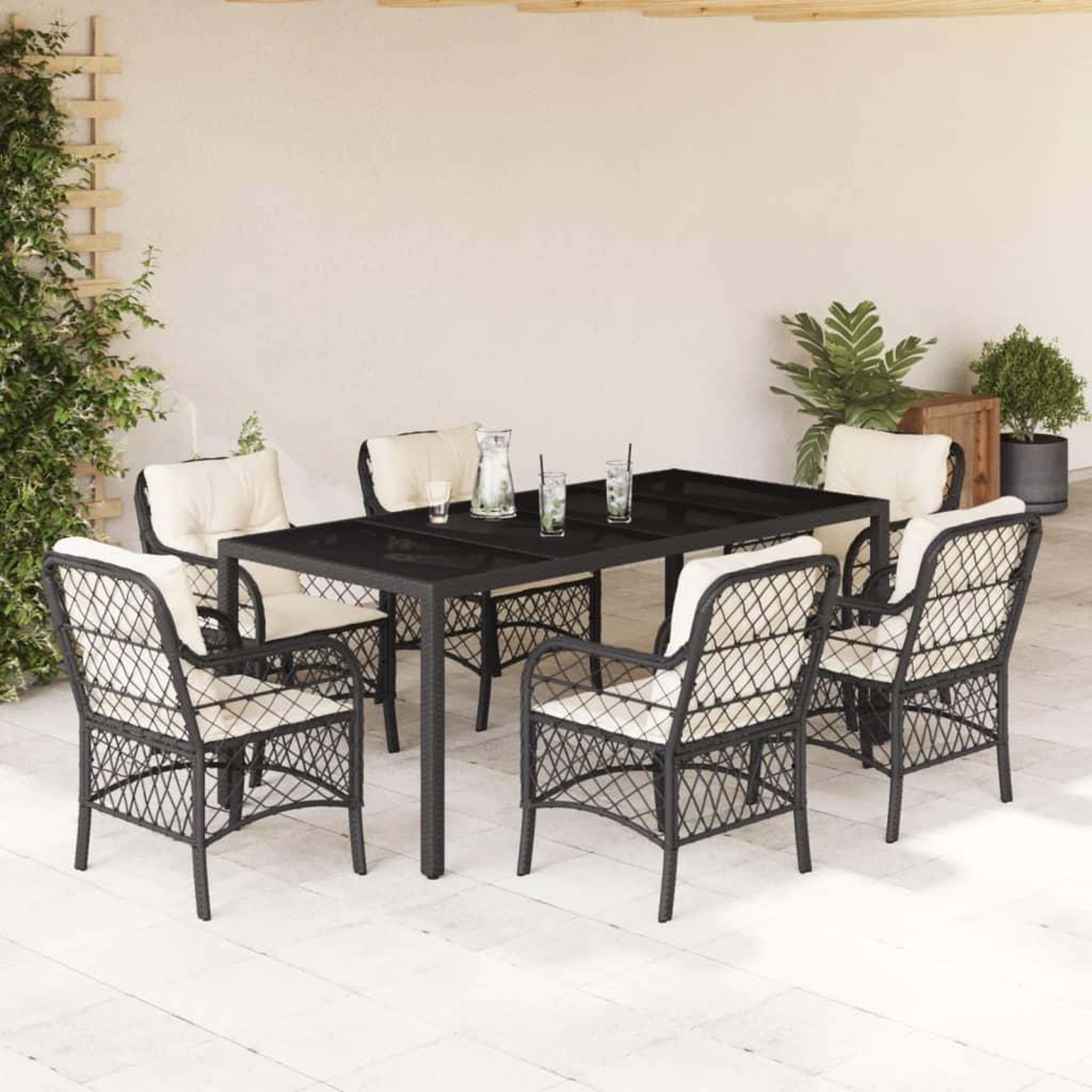 VIDAXL Ensemble a manger de jardin coussins 7pcs Noir Resine tressee