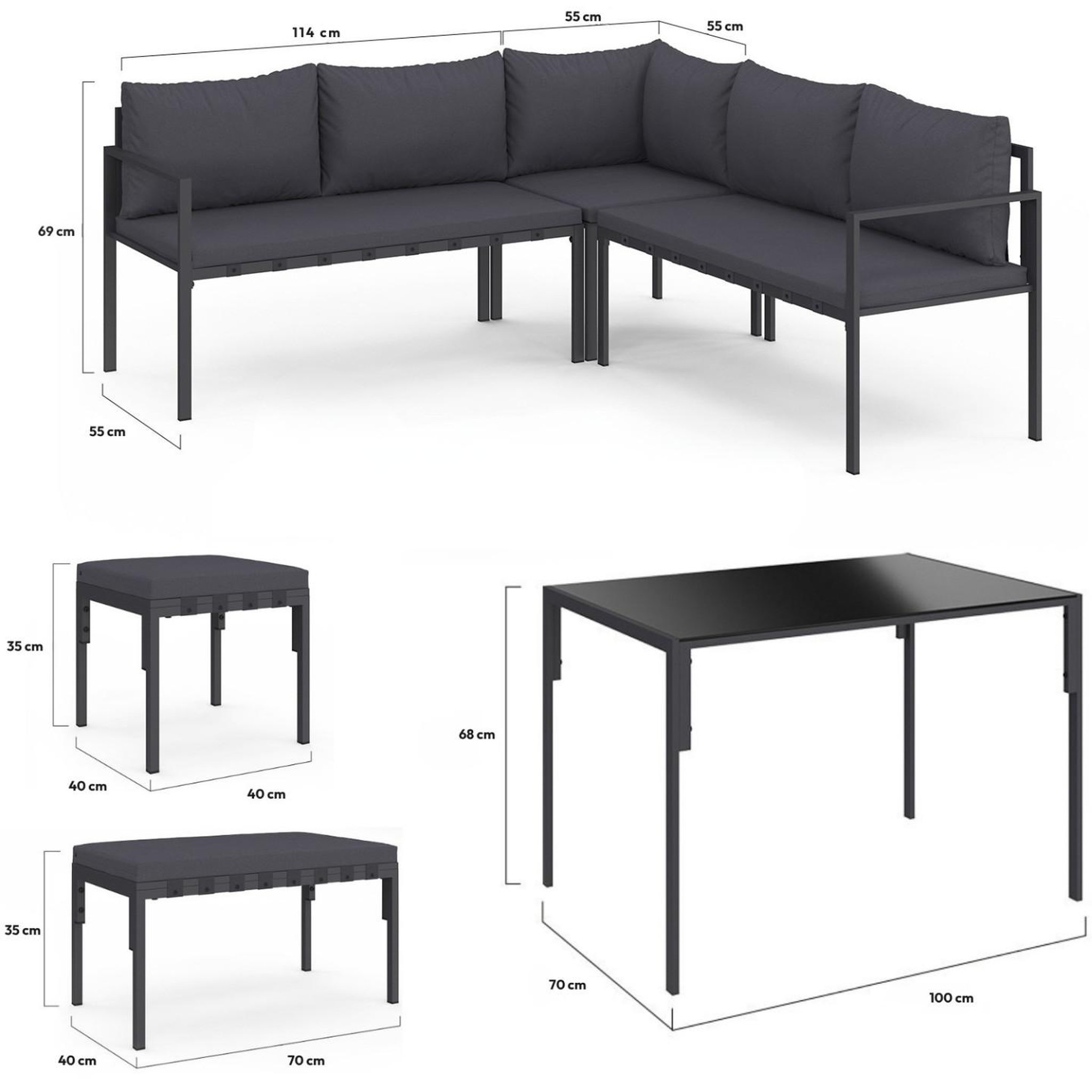 Voir la diapositive 3 : ID MARKET Salon de jardin repas nayla 8 places d'angle en métal et coussins gris avec table à manger, canapé d'angle, banquette, tabourets
