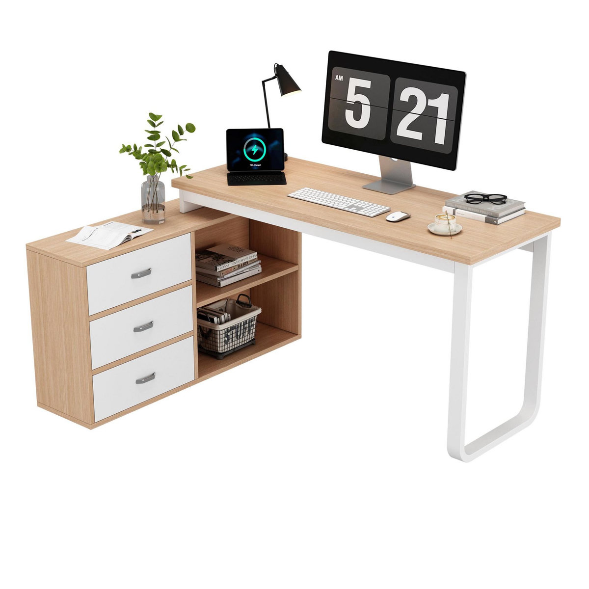 MERAX Bureau d'angle 147 cm coloris naturel+blanc mdf et métal