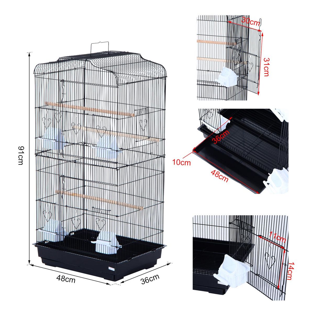 PAWHUT PawHut Cage à oiseaux volière avec mangeoires perchoirs plateau amovible dim. 48L x 36l x 91H cm métal PS noir