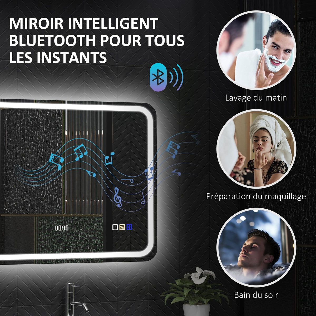 HOMCOM Miroir lumineux LED salle de bain Bluetooth 50x70cm - horloge numérique, antibuée, tactile, réglable - verre trempé 4 mm