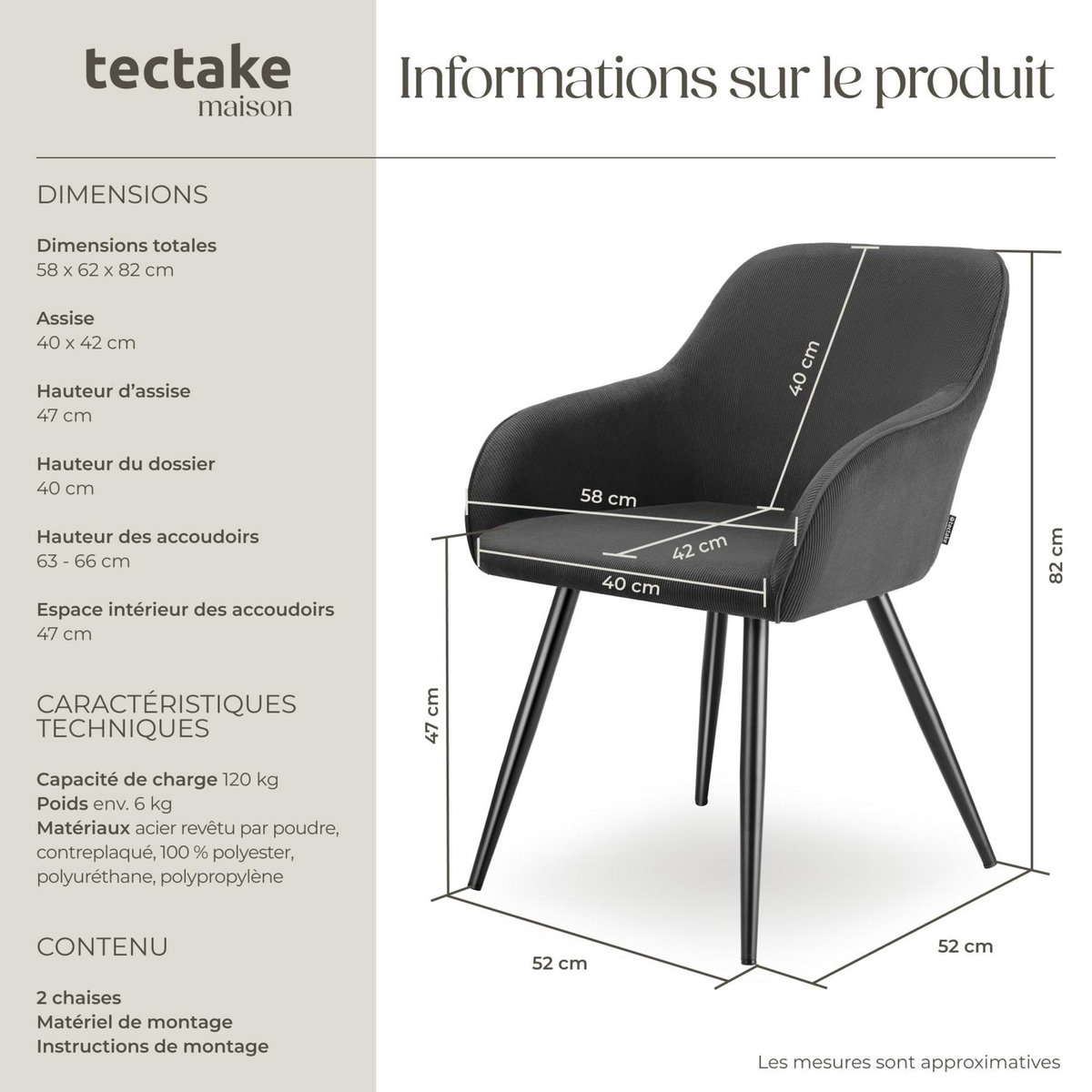 tectake Chaise de salle à manger rembourrée en velours côtelé anthracite-noir Lot de 2