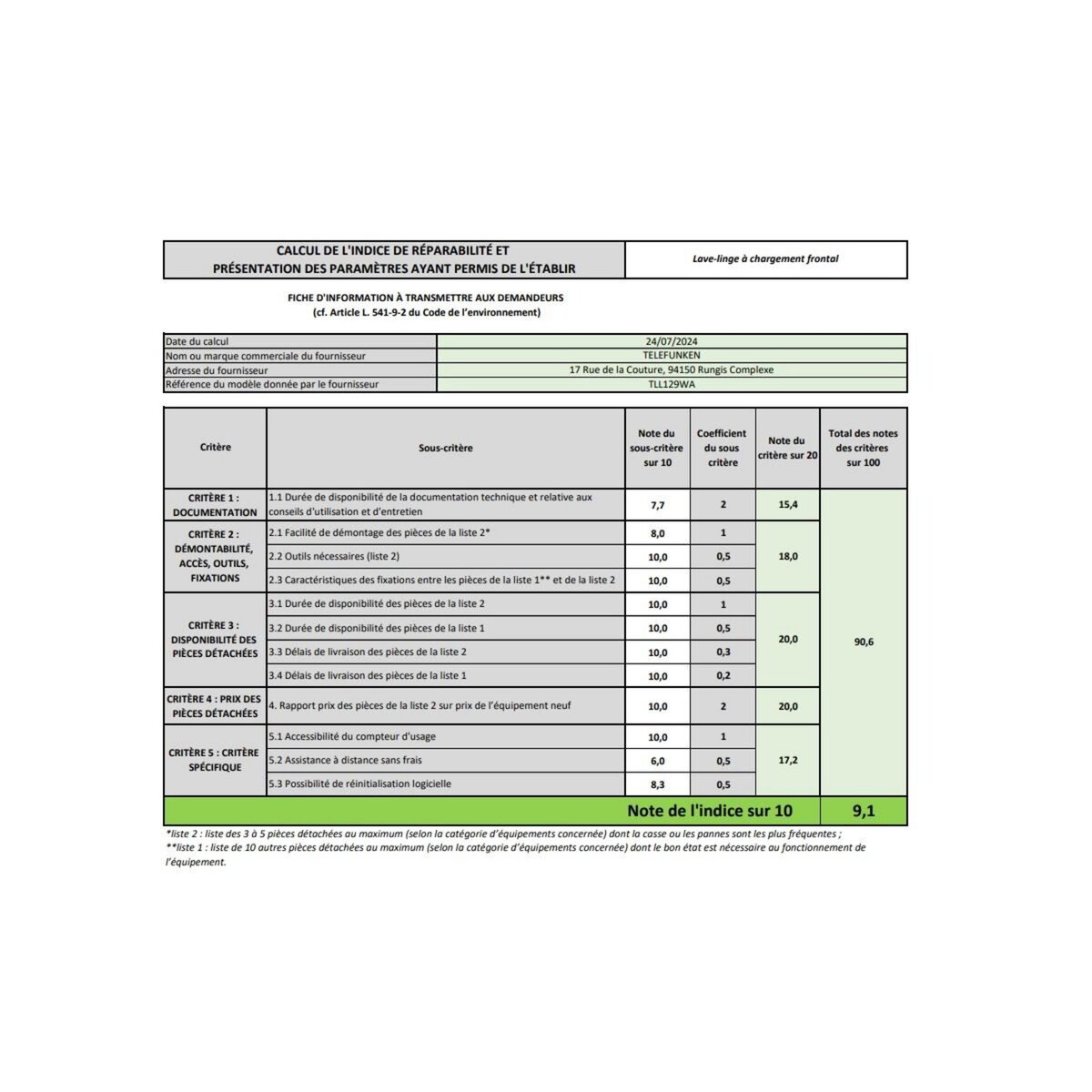 TELEFUNKEN Lave-linge frontal 9kg 1200 tours/min blanc - TLL129WA