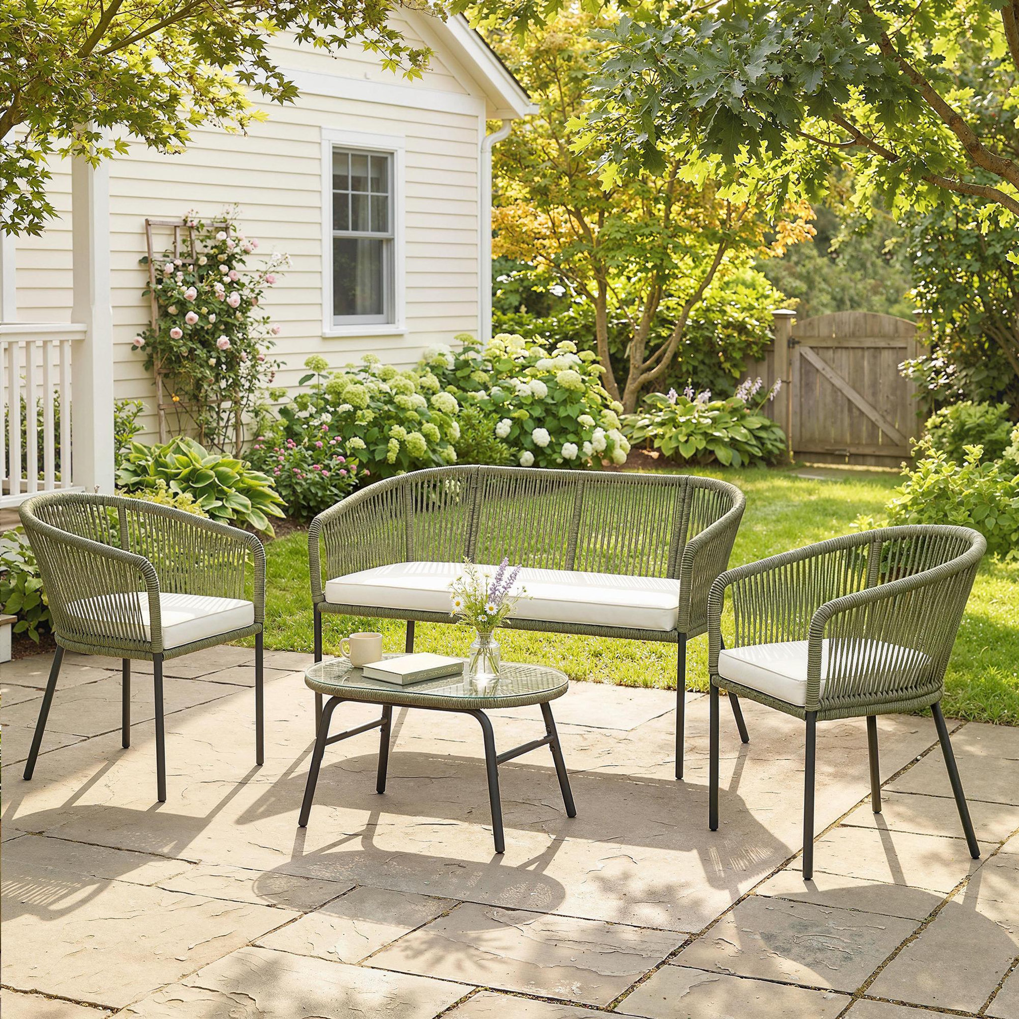 Voir la diapositive 2 : OUTSUNNY Salon de jardin design lignes arrondies 4 places 4 pièces