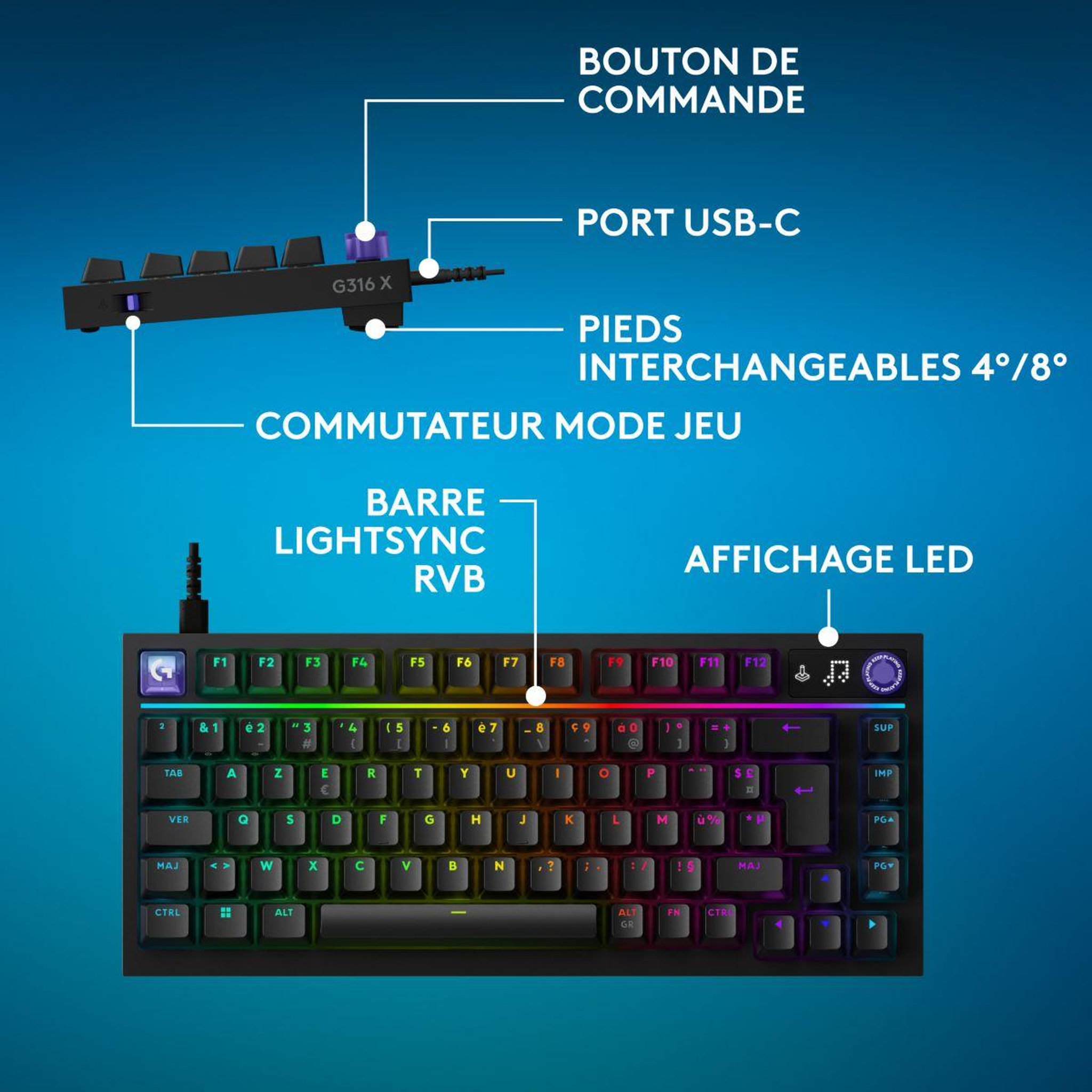 Voir la diapositive 4 : Logitech Clavier gamer sans fil G316 X 75 Noir