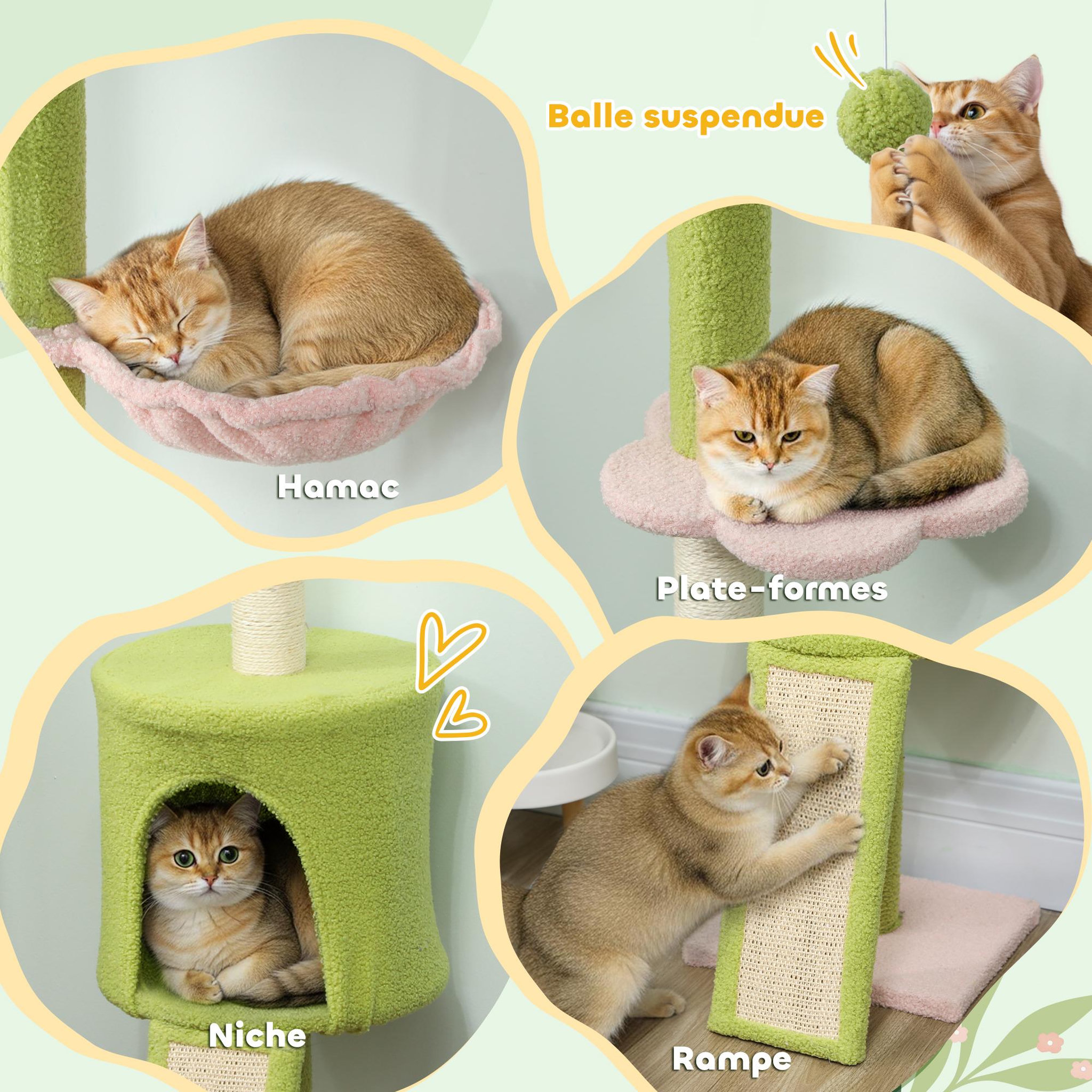 Voir la diapositive 5 : PAWHUT Arbre à chat du sol au plafond réglable h.220-240cm - 5 niveaux - griffoirs, grattoir - bouclette vert