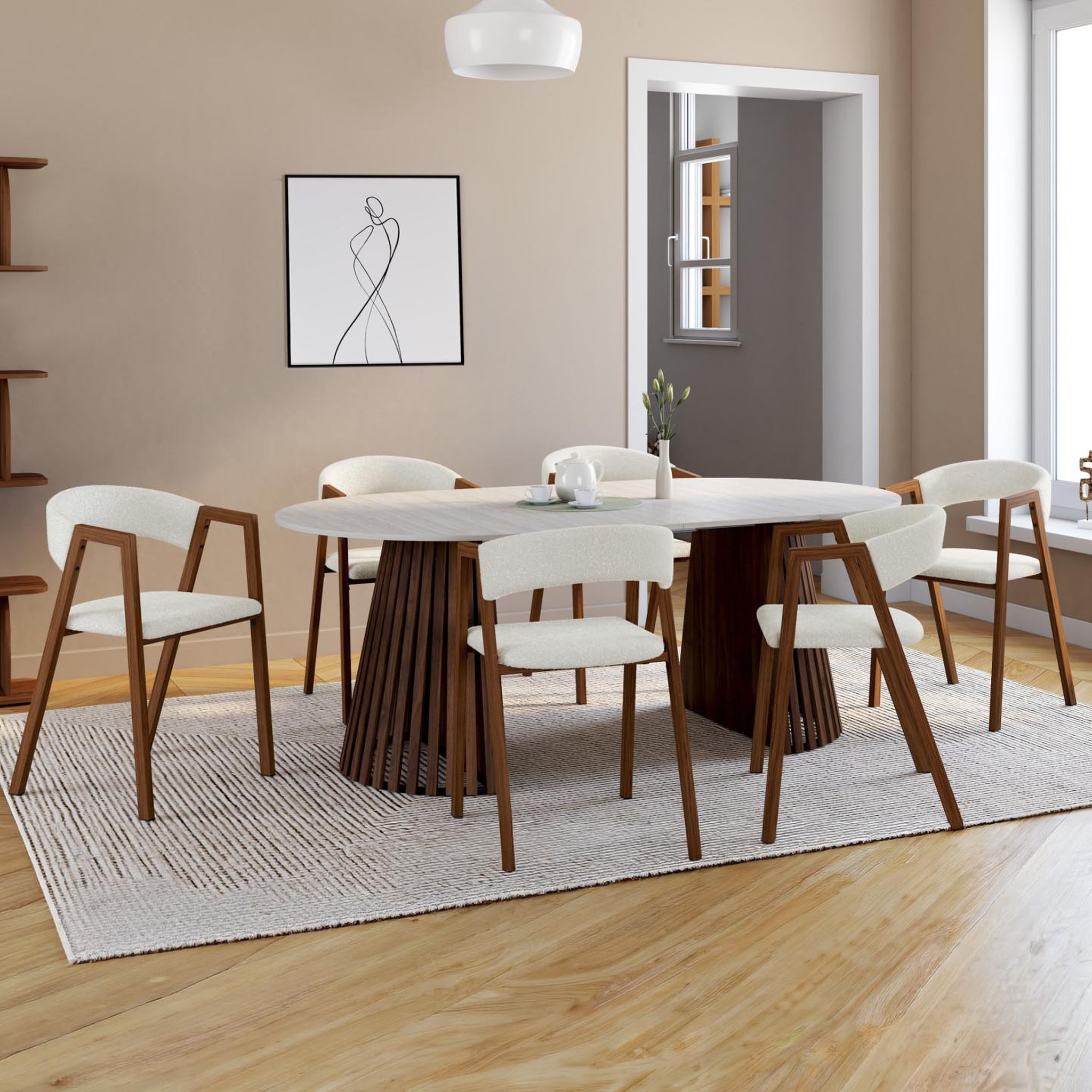 Voir la diapositive 2 : ID MARKET Lot de 6 chaises CAMILLE en métal effet noyer et tissu bouclette avec accoudoirs
