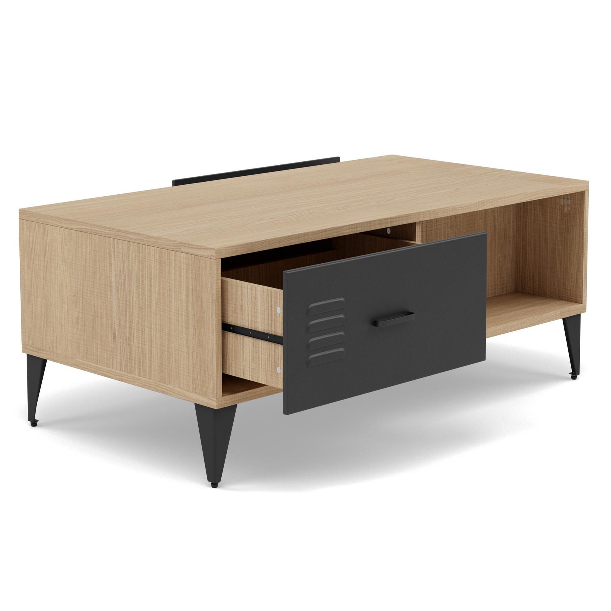 Voir la diapositive 3 : BEST MOBILIER Tribeca - table basse - effet bois et métal noir - 1 tiroir et 1 niche - 110 cm