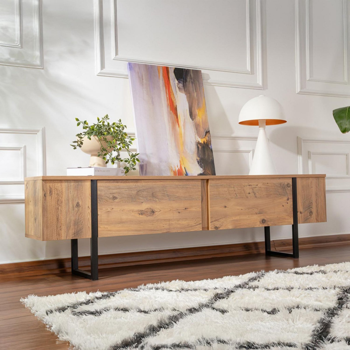 CONCEPT USINE Meuble tv industriel avec placards bois et noir 180cm MOOV