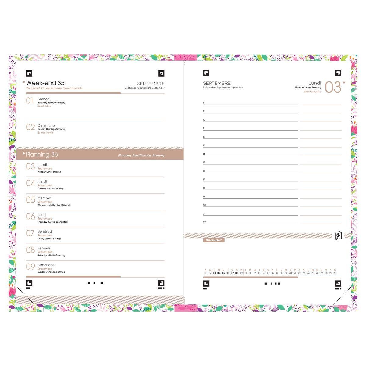 OXFORD Agenda scolaire journalier 12x18cm Flowers fleurs rose élastique rose 2023-2024