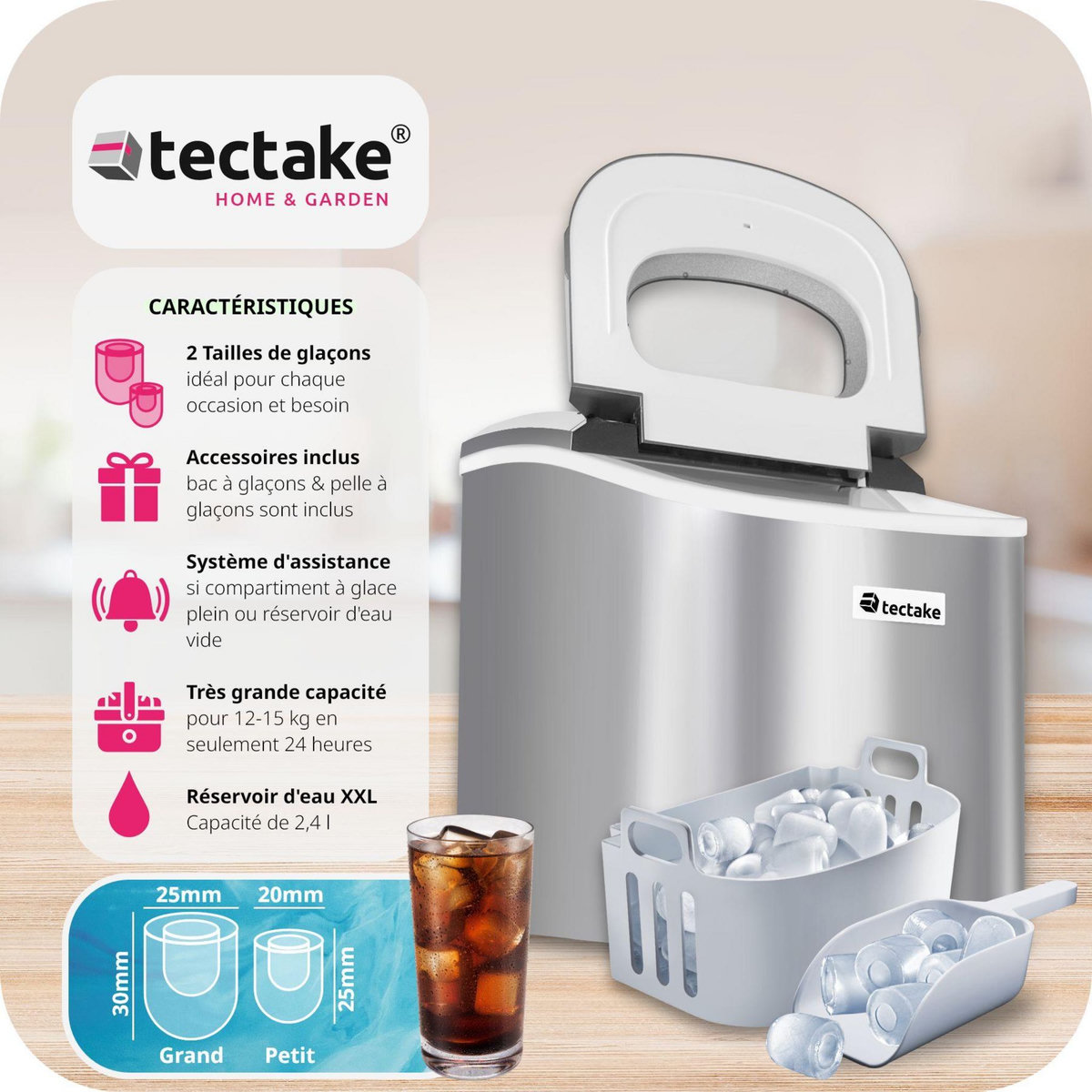 tectake Machine à glaçons 2,4 L réservoir d'eau argent