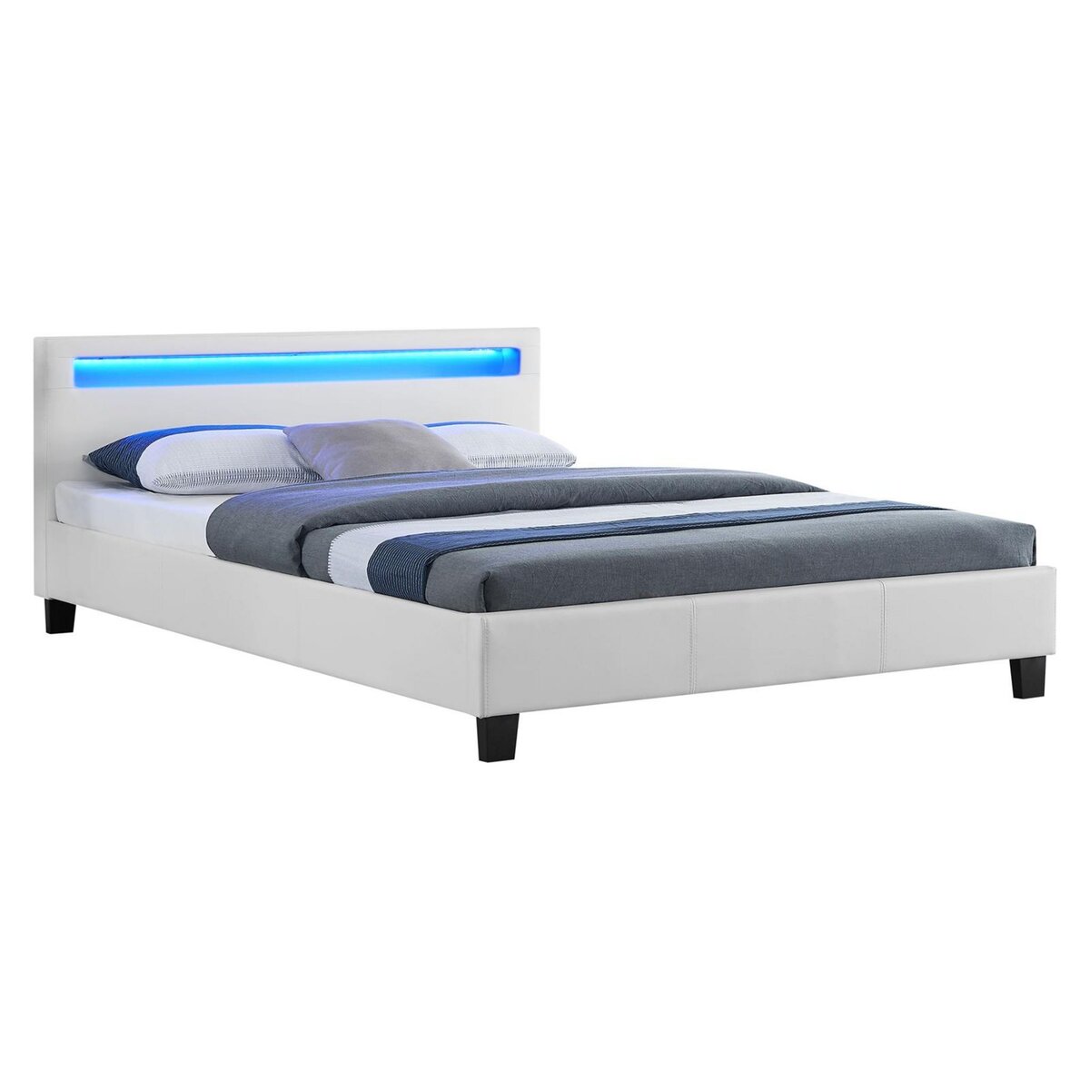 IDIMEX Lit LED double 140x190 cm avec sommier, tête de lit confortable, lit 1 place revêtement synthétique blanc, PINOT