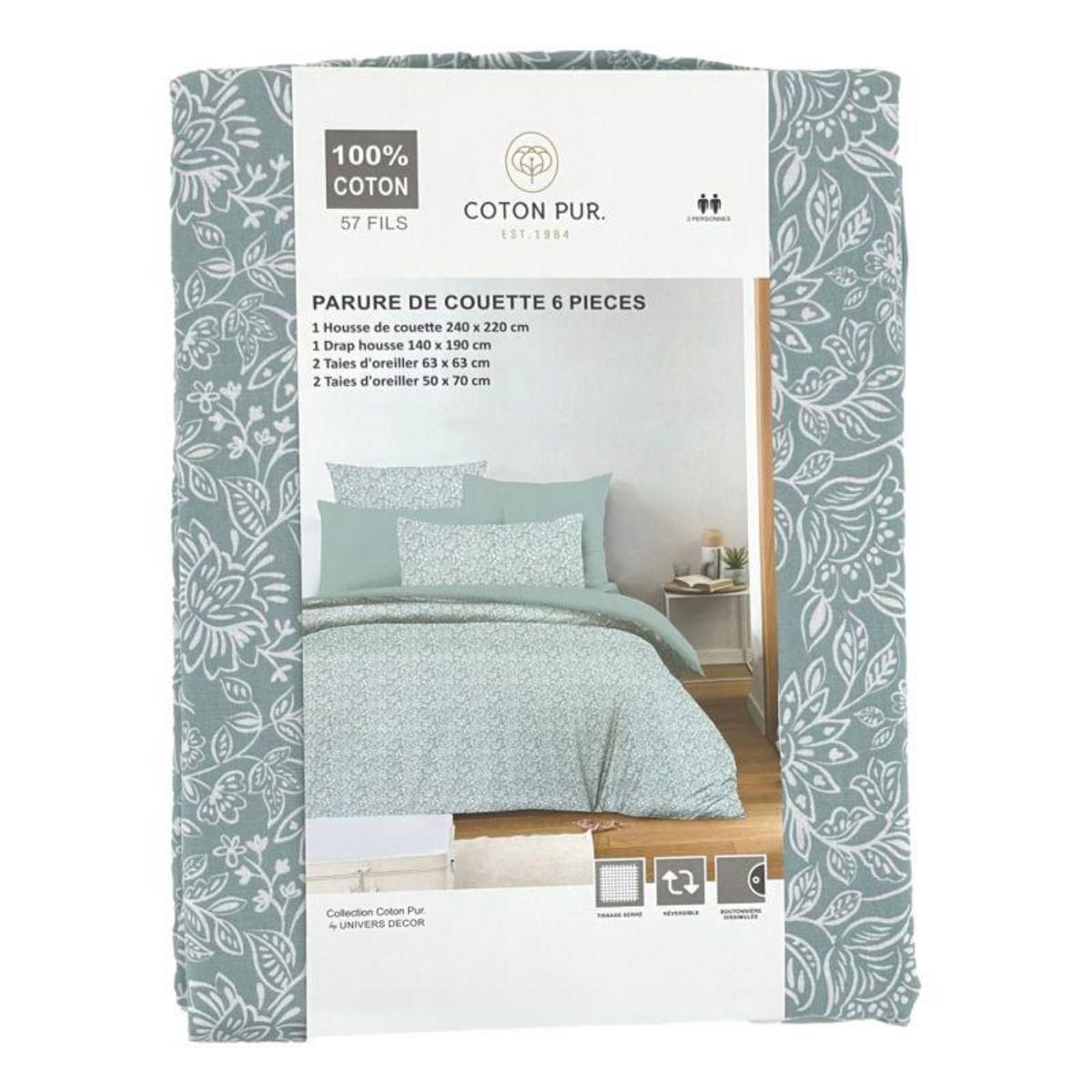 COTON PUR Pack complet housse de couette réversible pour lit 140 x 190 cm Céleste glacier