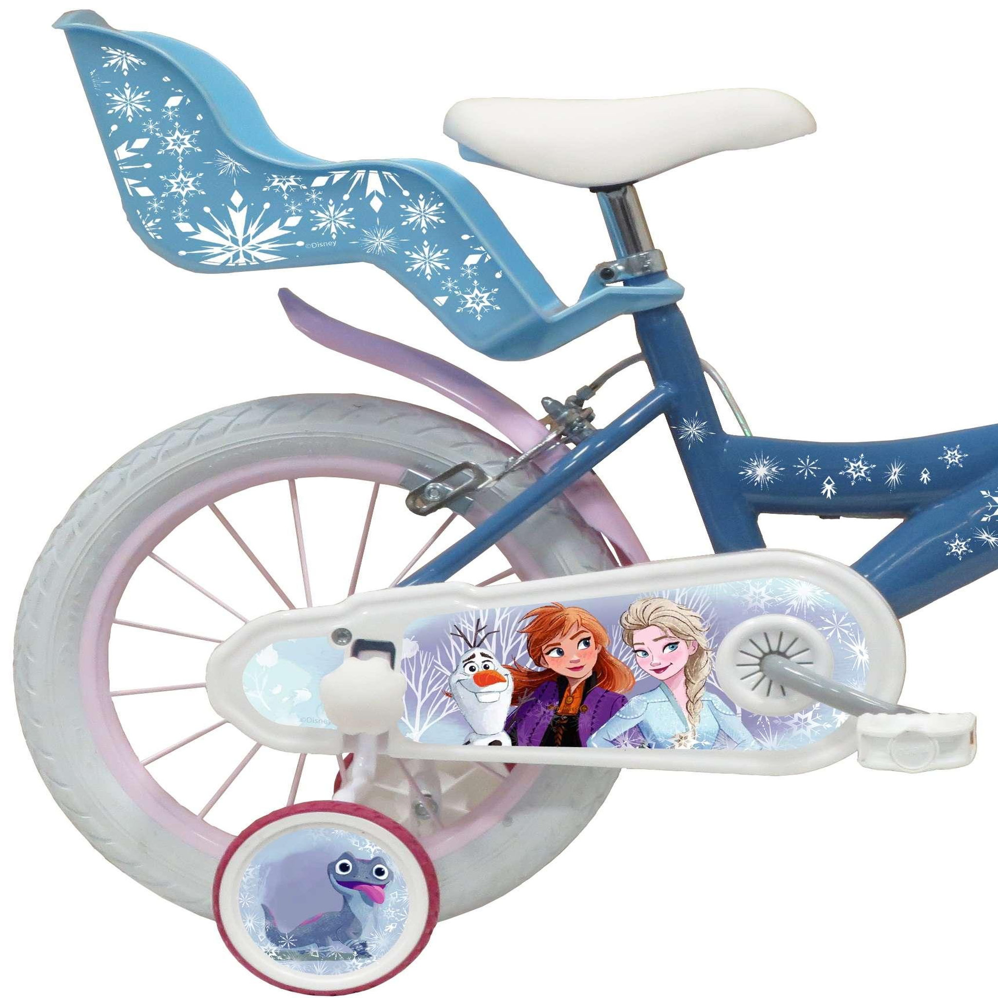 Voir la diapositive 2 : Disney La Reine des Neiges Vélo enfant - Modèle 14'' Reine des neiges + Casque pour enfant de 95/110 cm avec stabilisateurs - Panier avant - Porte poupée arrière - 2 freins et pneus gonflables