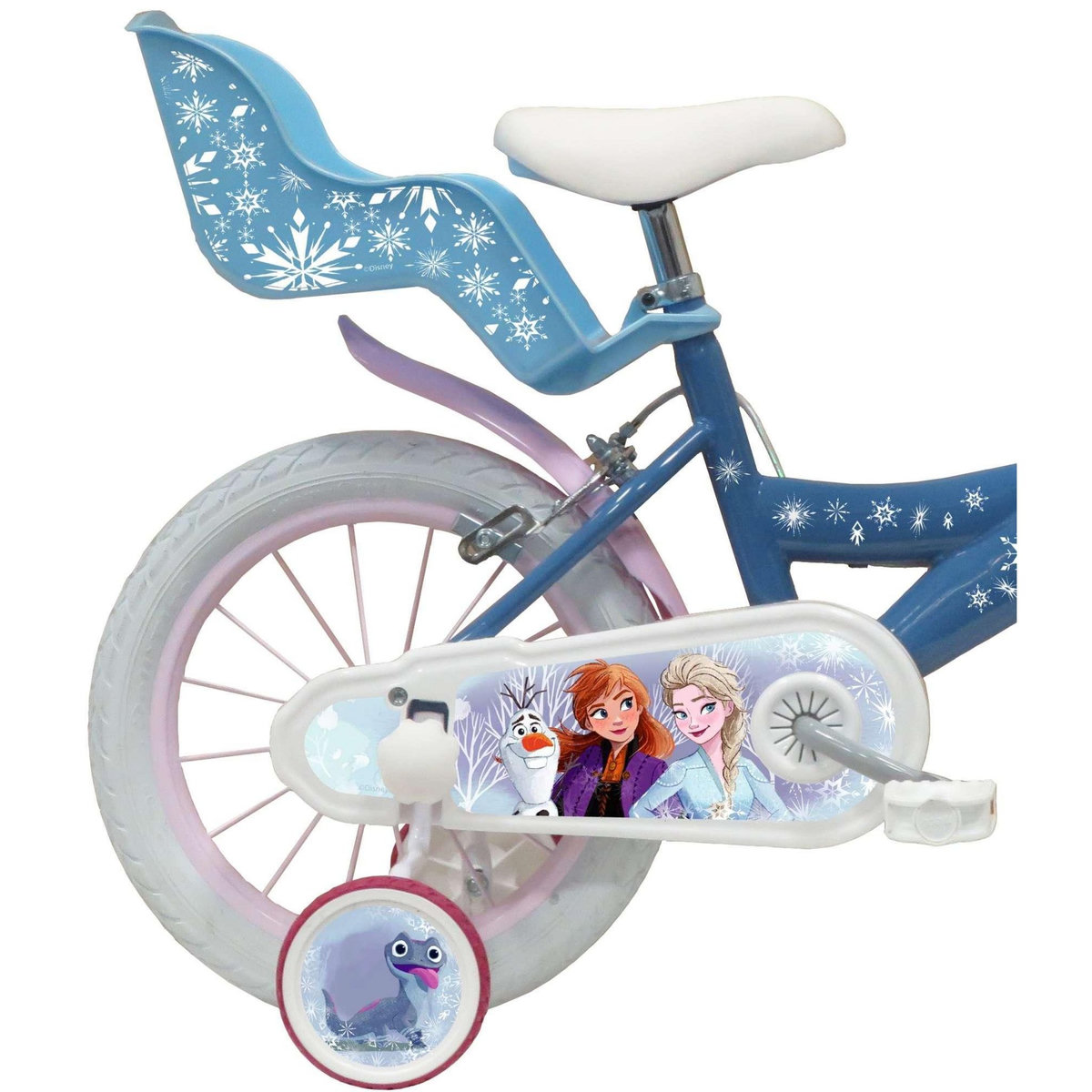 Disney La Reine des Neiges Vélo enfant - Modèle 14'' Reine des neiges + Casque pour enfant de 95/110 cm avec stabilisateurs - Panier avant - Porte poupée arrière - 2 freins et pneus gonflables