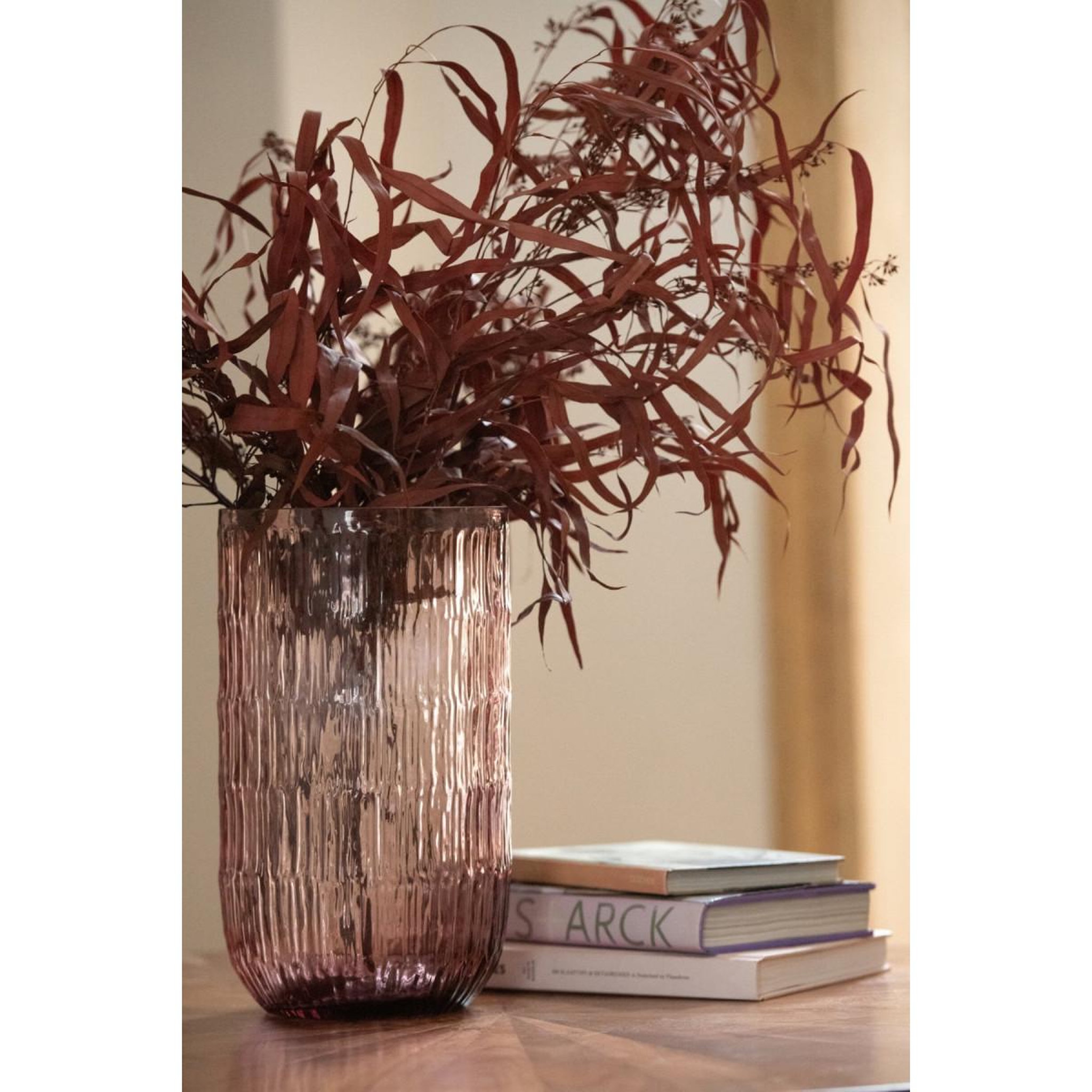 Voir la diapositive 2 : J-LINE Vase strié en verre  kyoto  31cm bordeaux