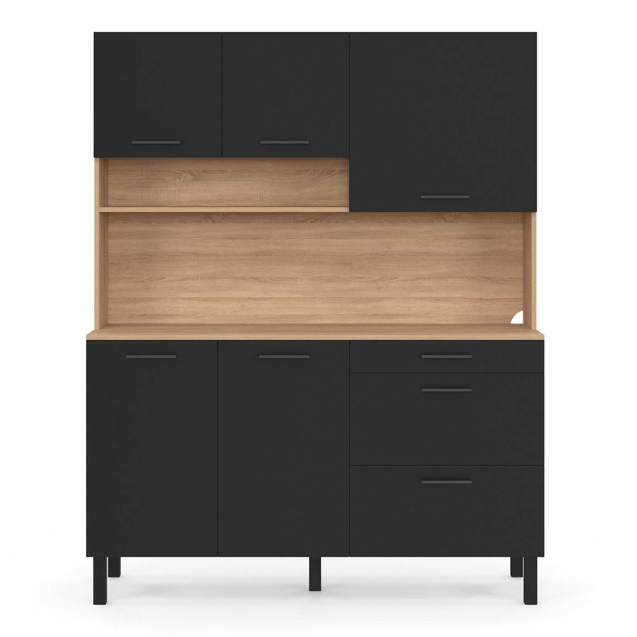 Voir la diapositive 3 : ID MARKET Buffet casserolier de cuisine 140 cm cina 5 portes + 3 tiroirs façon hêtre et noir