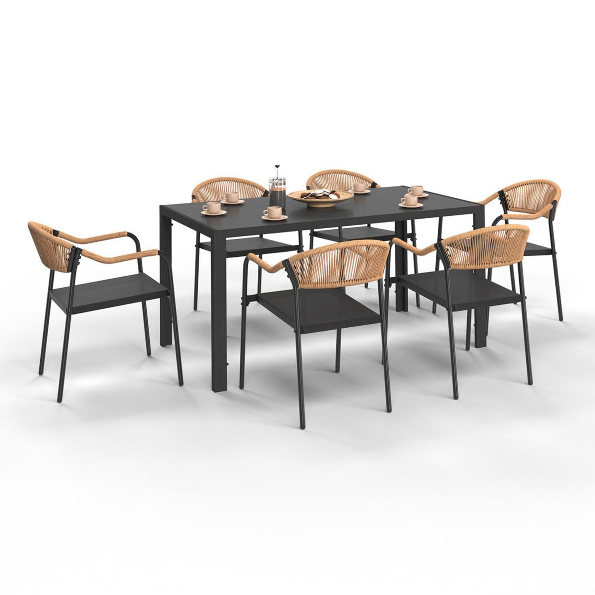 ID MARKET Salon de jardin MADEIRA table 150 cm et 6 chaises cordage et textilène noir et rotin clair