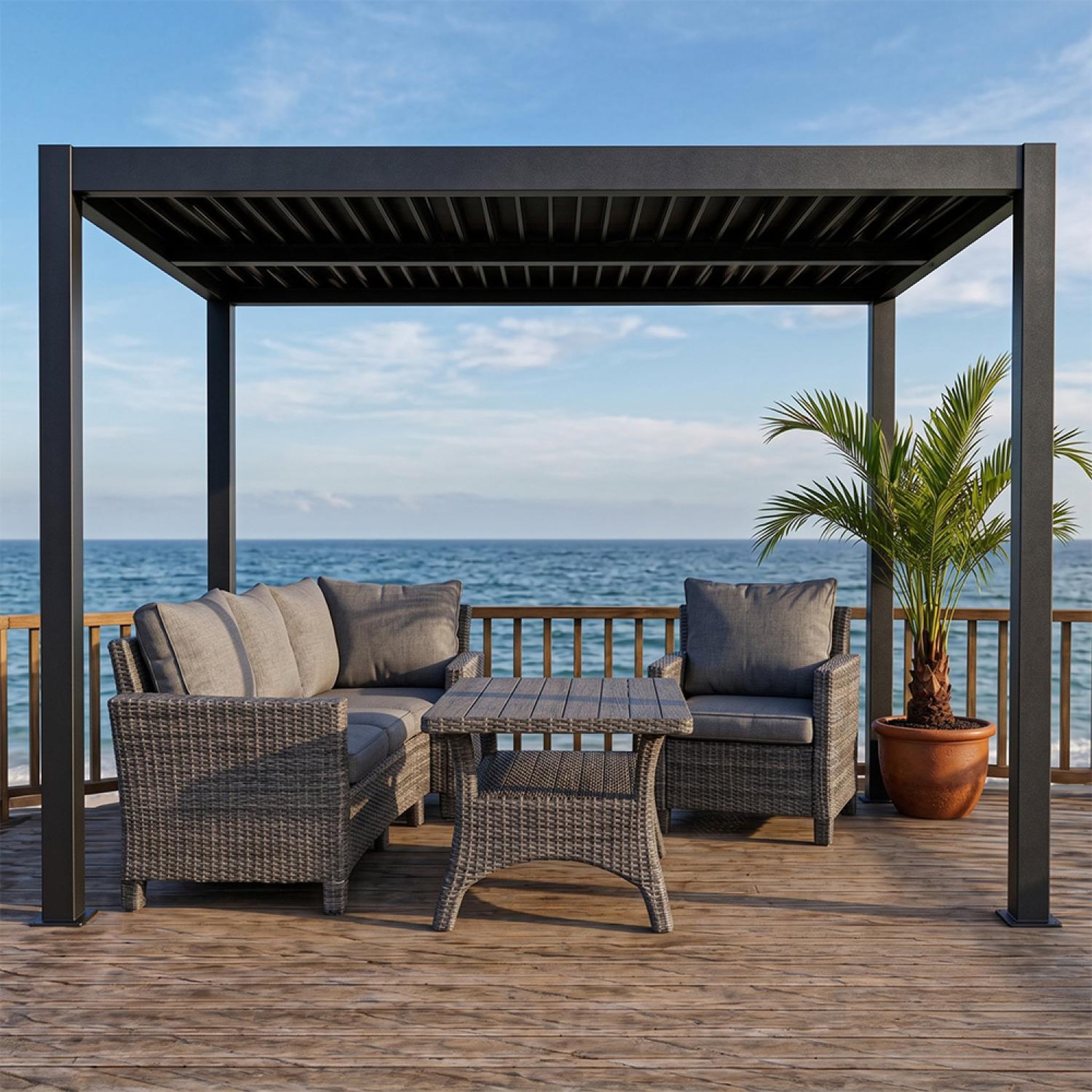 Voir la diapositive 5 : CONCEPT USINE Pergola bioclimatique structure et lames orientables en aluminium 3x3m rhodes