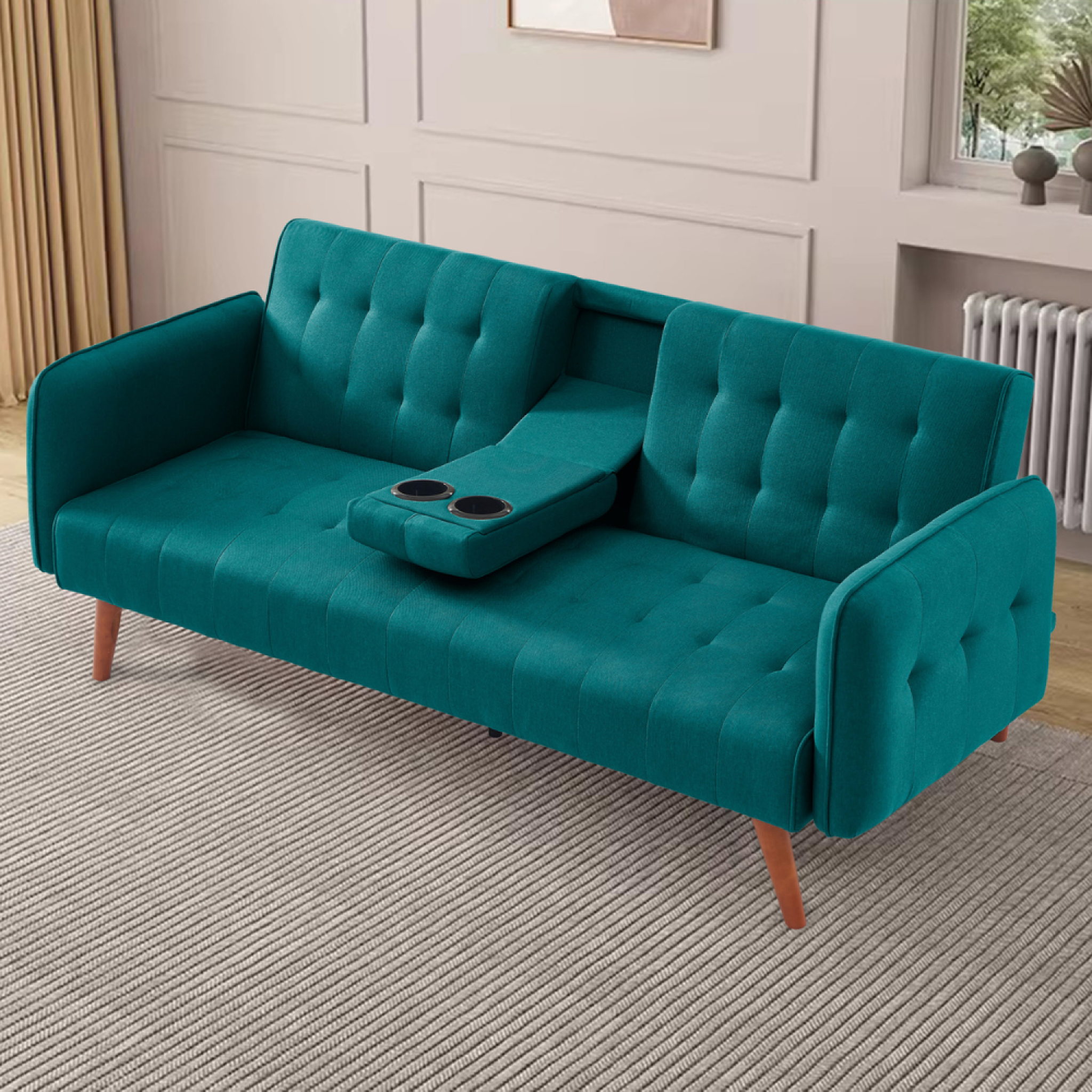 Voir la diapositive 2 : CONCEPT USINE Canapé 3 places convertible avec tablette centrale rabattable vert inverness