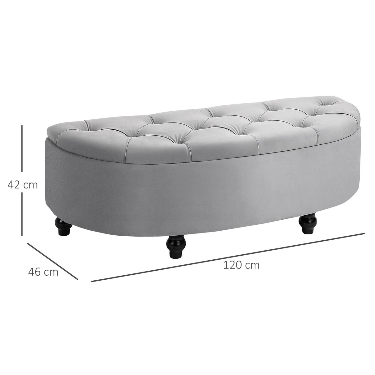 HOMCOM Pouf de rangement coffre 2 en 1 - pouf design classique chic capitonné demi-cercle - pieds bois hévéa noir revêtement velours gris