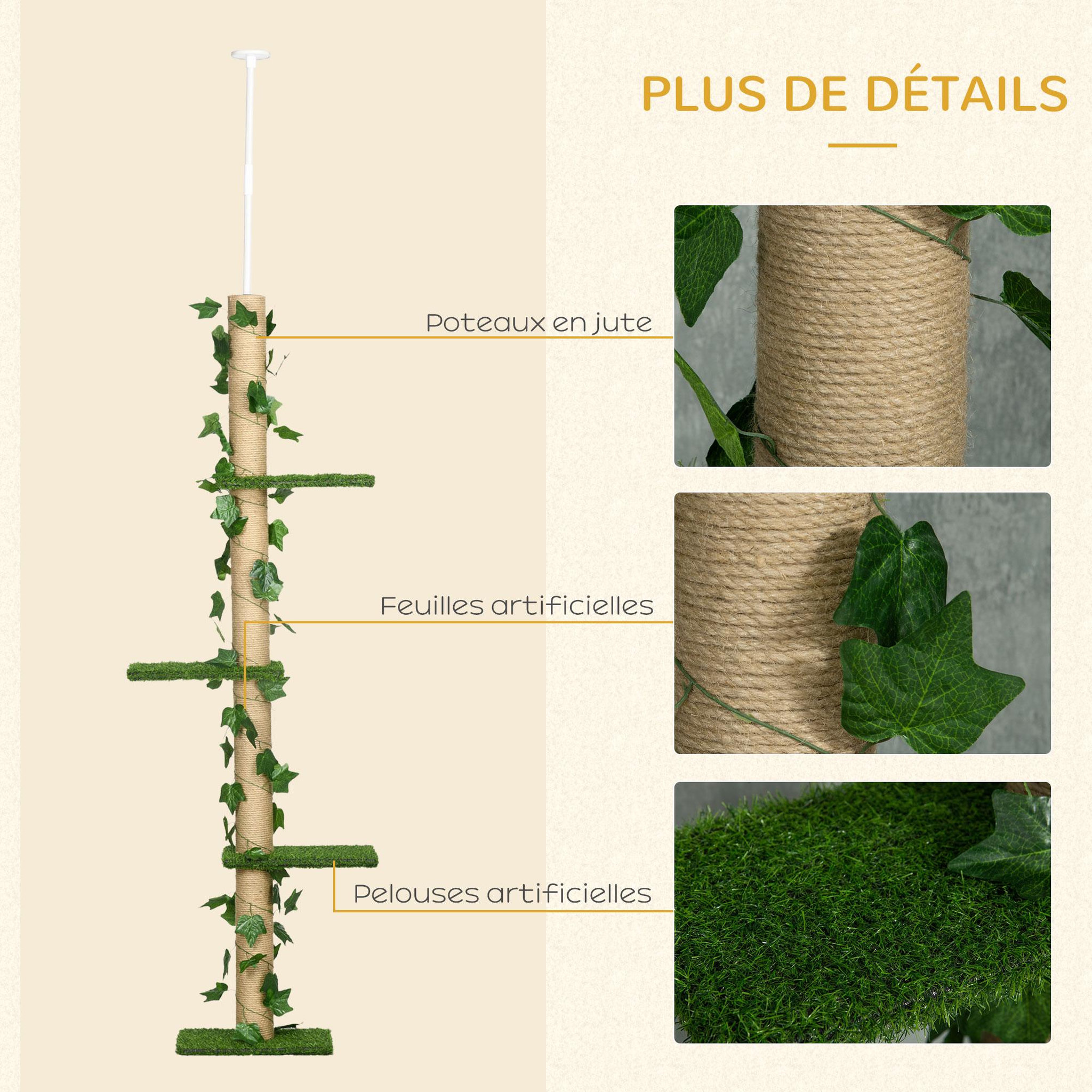 Voir la diapositive 6 : PAWHUT Arbre à chat poteau à griffer design hauteur réglable dim. 37l x 21l x 202- 242h cm 4 niveaux beige vert