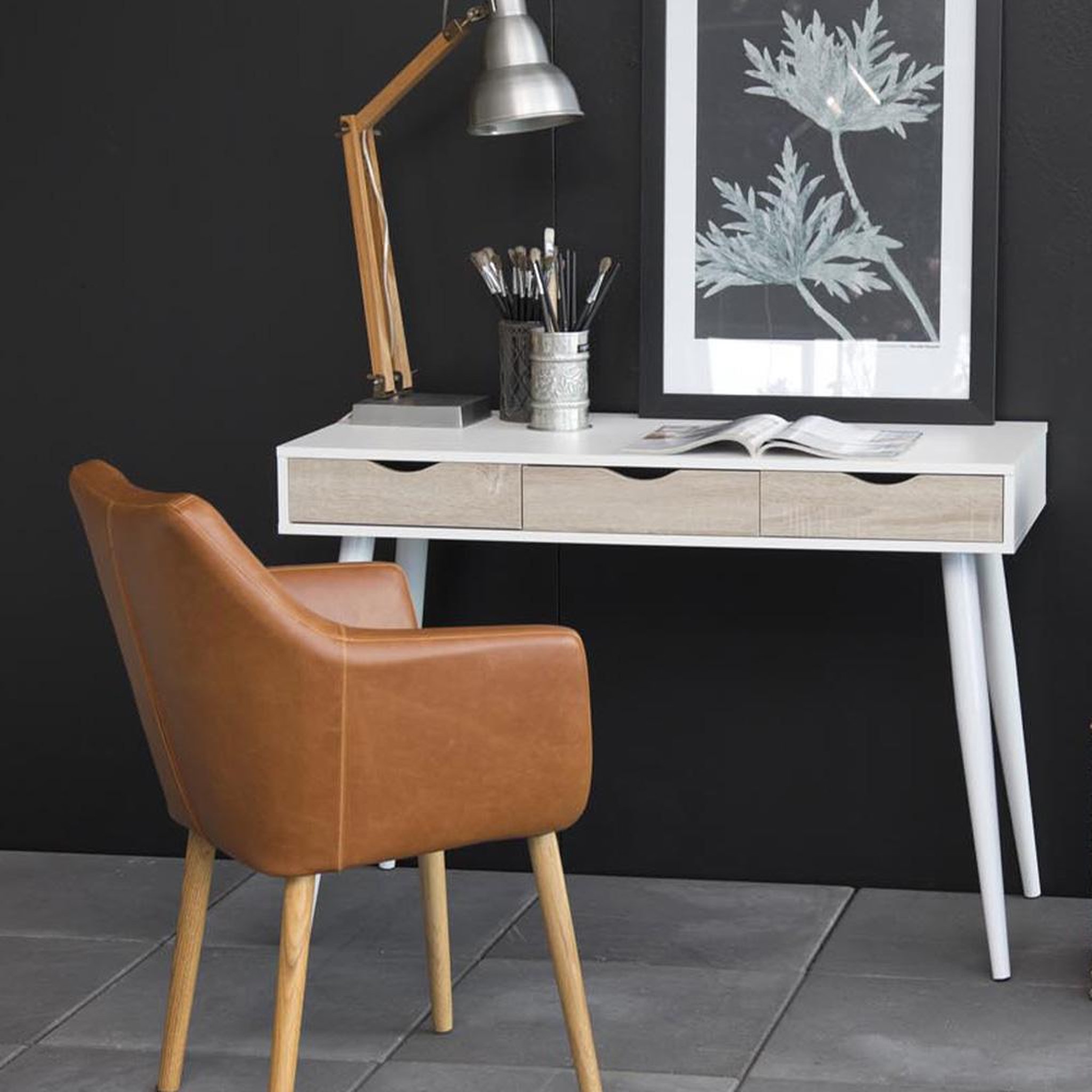 Voir la diapositive 2 : CONCEPT USINE Bureau scandinave avec tiroirs blanc sevey