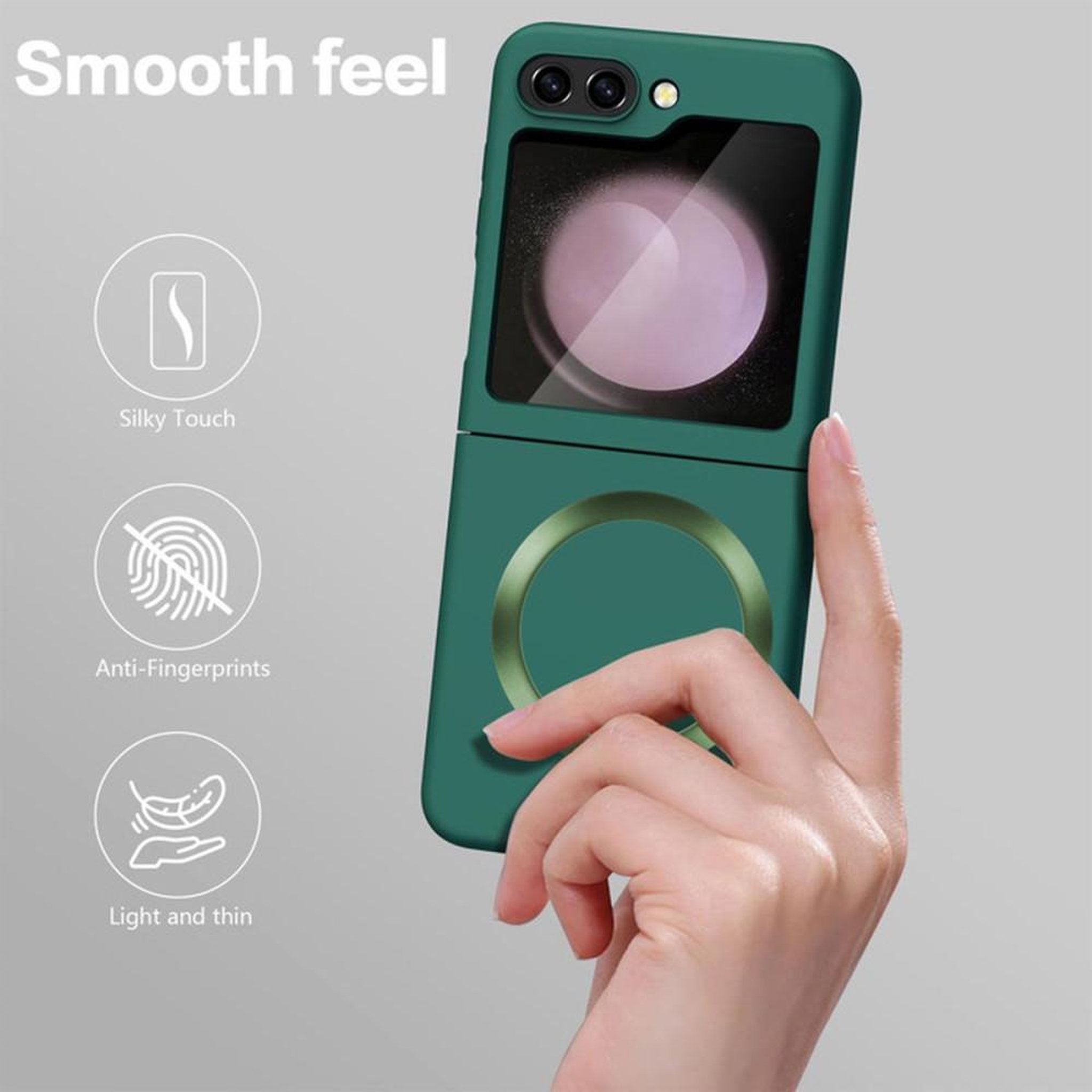 Voir la diapositive 3 : Coque de protection magnétique vert mat avec anneau pour Samsung Galaxy Z Flip 5