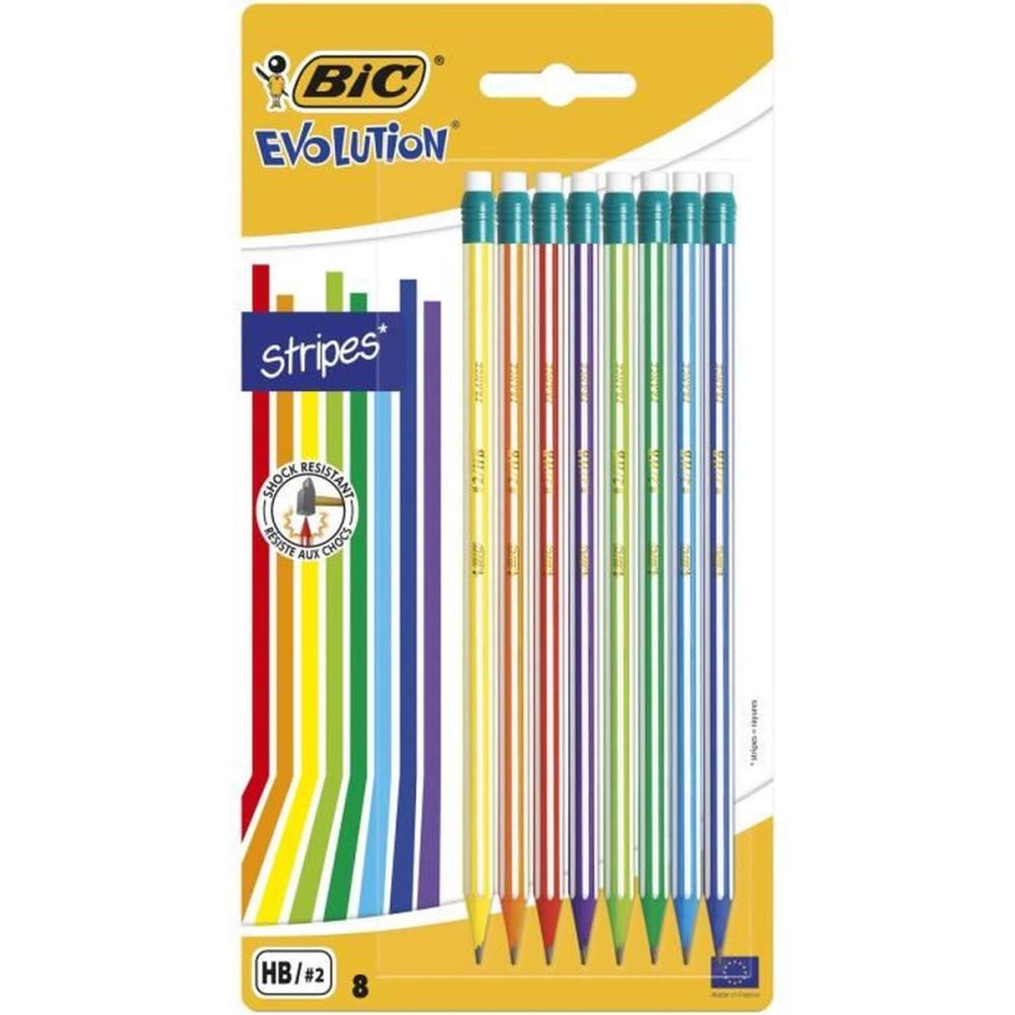 BIC Crayons graphite HB à gomme intégrée, rayures, couleurs assorties, pack de 8