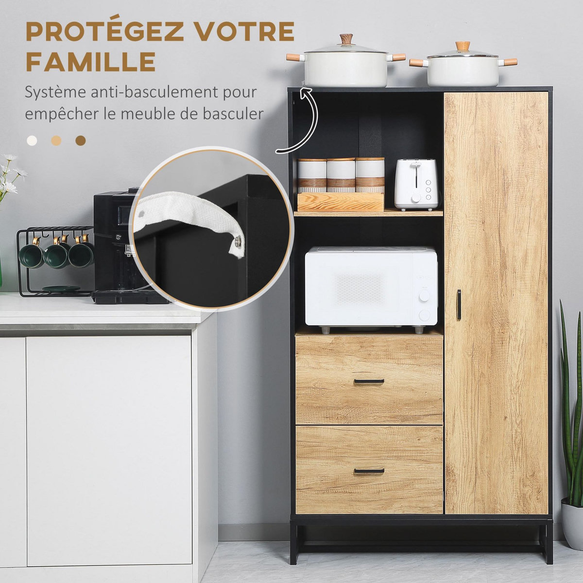 HOMCOM Buffet haut multi-rangement une porte 3 étagères 2 tiroirs 2 niches piètement acier noir aspect chêne clair
