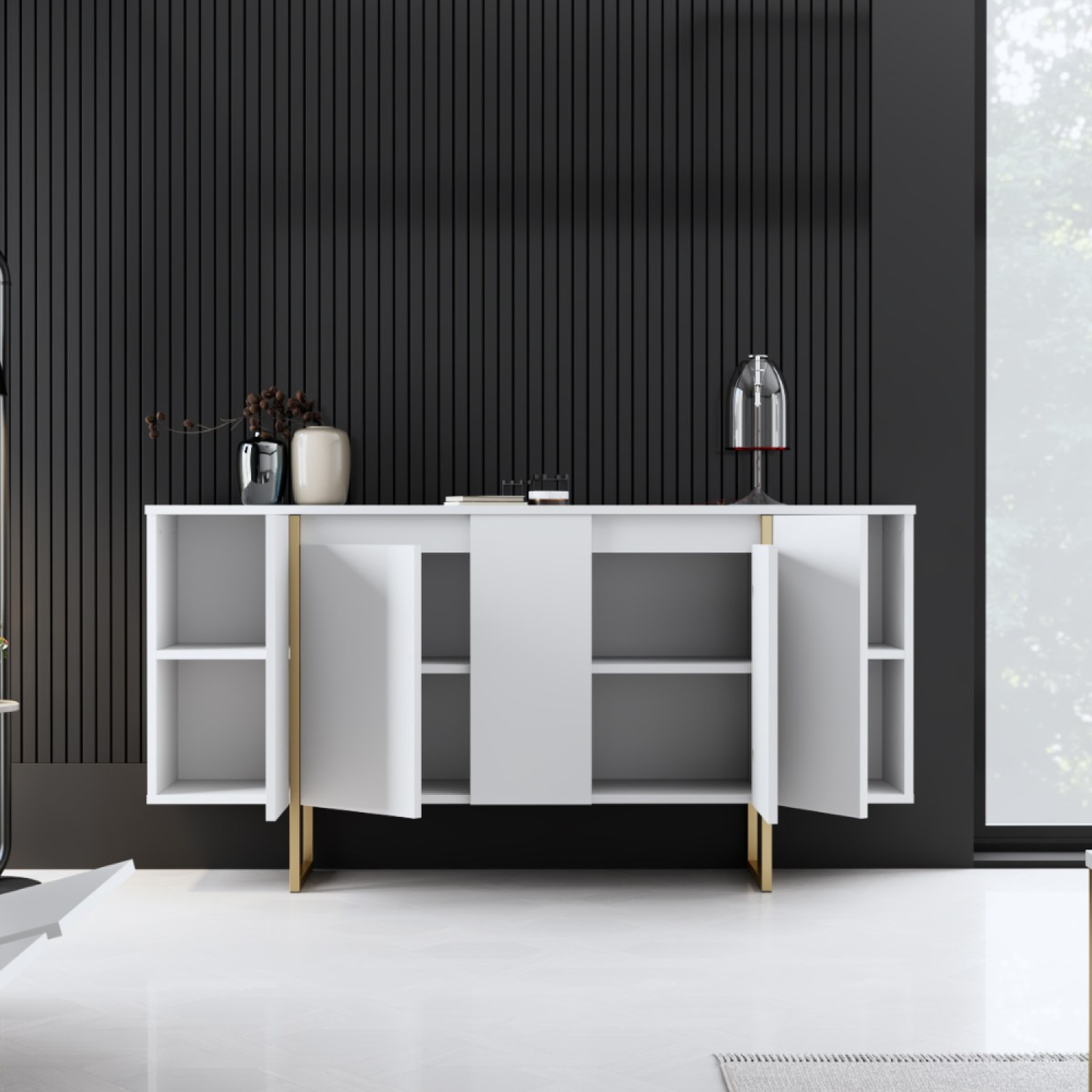 Voir la diapositive 4 : CONCEPT USINE Buffet design blanc et or 160 cm - 4 portes LUXOR