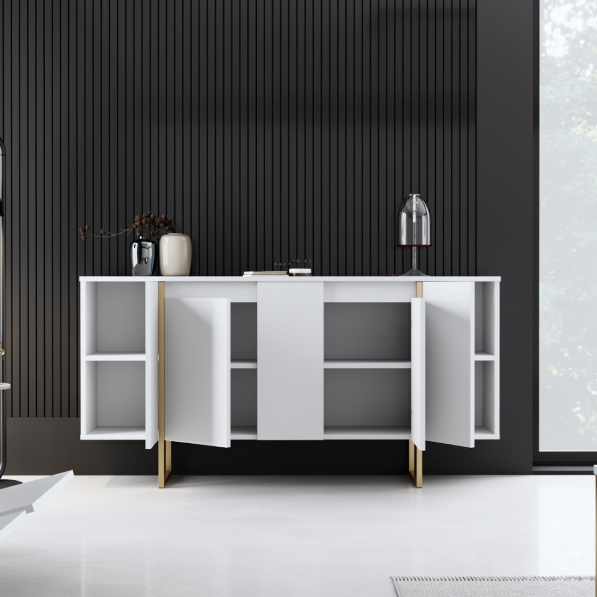 CONCEPT USINE Buffet design blanc et or 160 cm - 4 portes LUXOR
